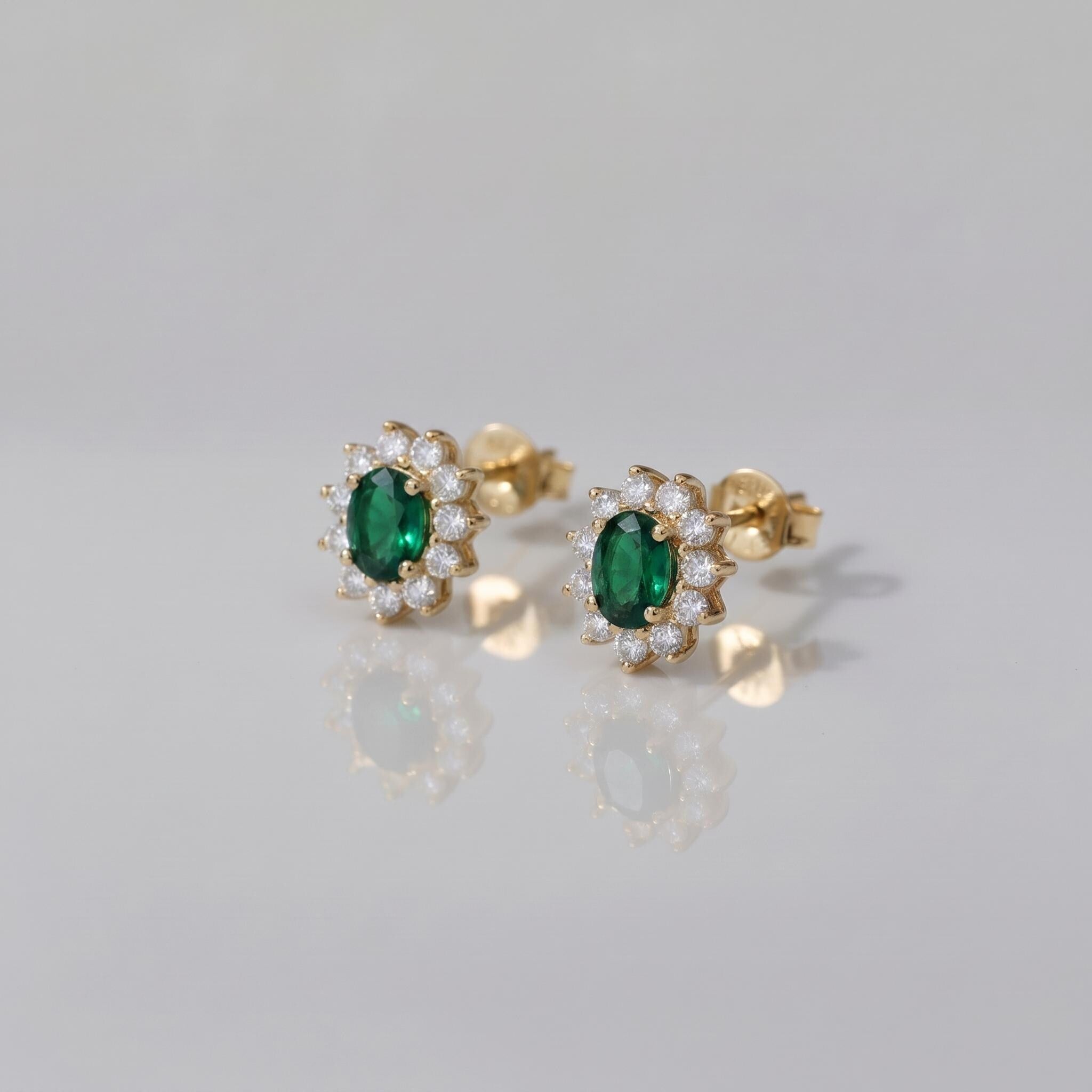 Emerald Stud Earrings, CZ Halo Earrings, Oval Green Gemstone Studs, May Birthstone Jewelry
