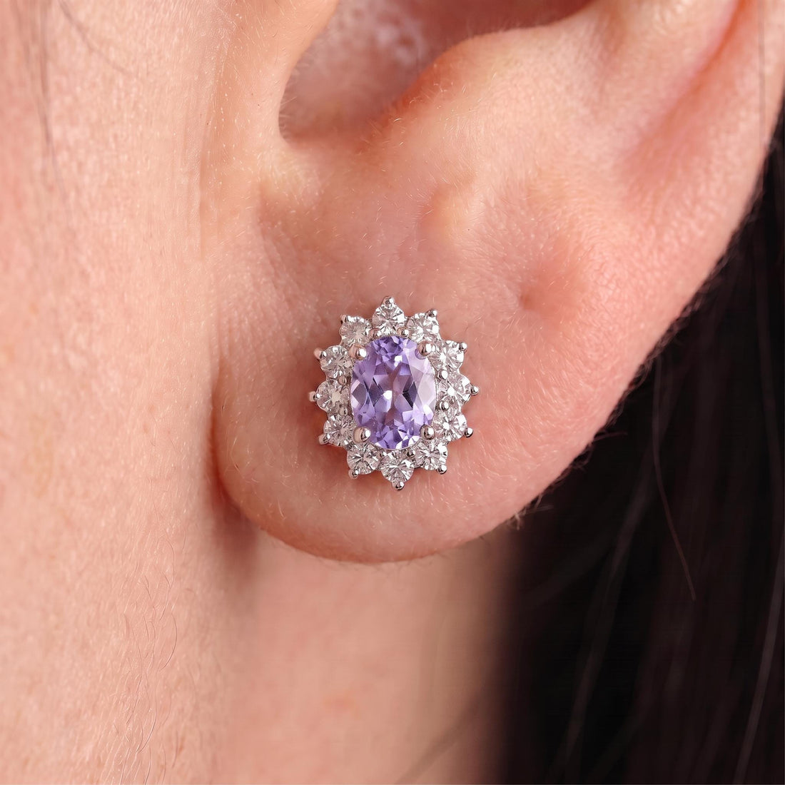 Dainty lavender Halo Stud Earrings for Women, Elegant Purple Gemstone & CZ Cluster Earrings, February Birthstone Gift for Her