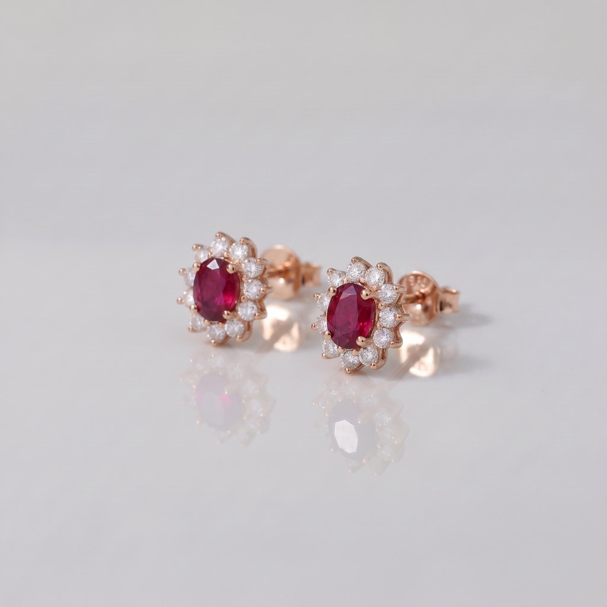 Ruby Stud Earrings, CZ Halo Earrings, Oval Red Gemstone Studs, July Birthstone Jewelry