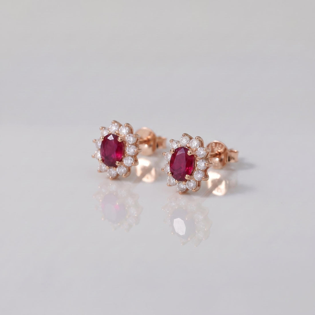 Ruby Stud Earrings, CZ Halo Earrings, Oval Red Gemstone Studs, July Birthstone Jewelry