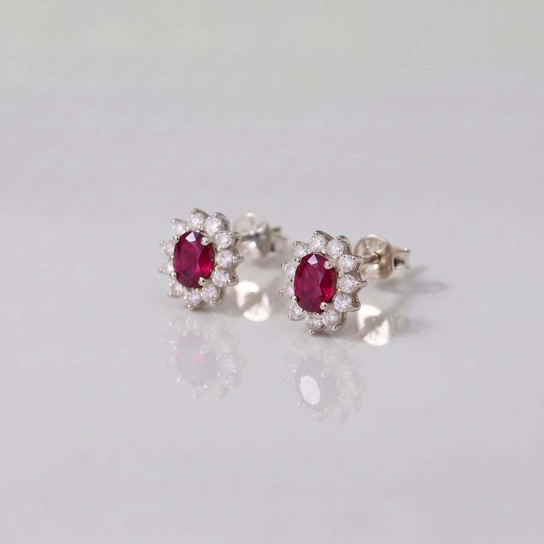 Ruby Stud Earrings, CZ Halo Earrings, Oval Red Gemstone Studs, July Birthstone Jewelry