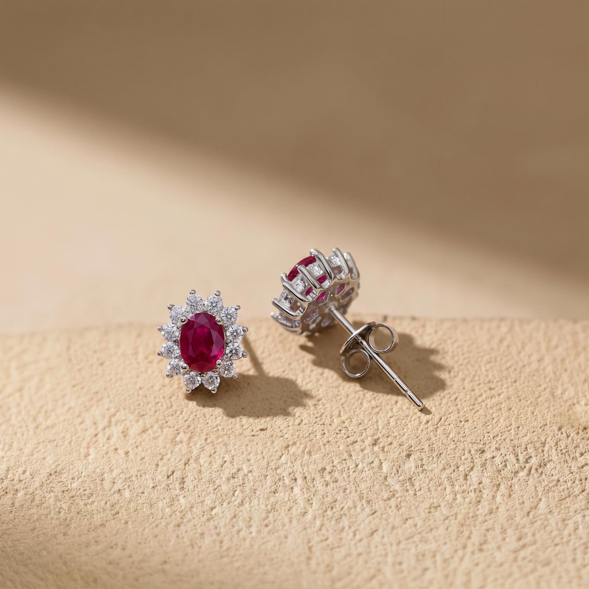 Ruby Stud Earrings, CZ Halo Earrings, Oval Red Gemstone Studs, July Birthstone Jewelry