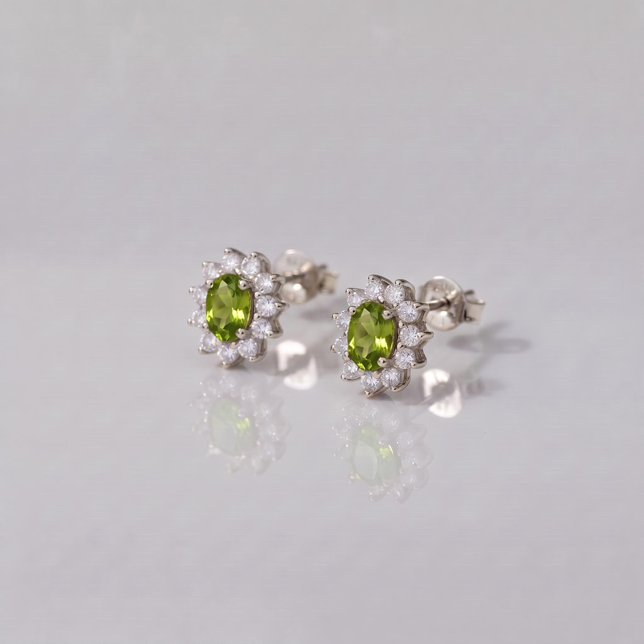 Peridot Stud Earrings, CZ Halo Earrings, Oval Green Gemstone Studs, August Birthstone Jewelry