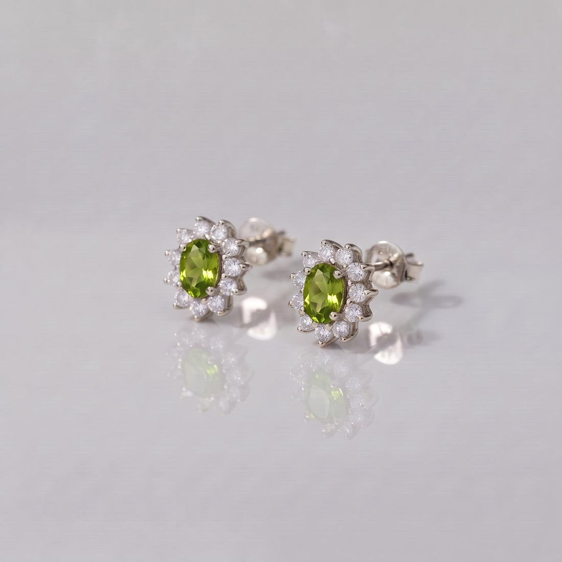 Peridot Stud Earrings, CZ Halo Earrings, Oval Green Gemstone Studs, August Birthstone Jewelry