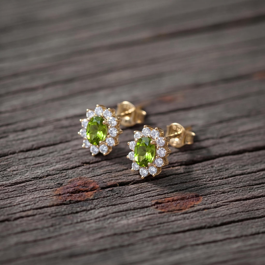 Peridot Stud Earrings, CZ Halo Earrings, Oval Green Gemstone Studs, August Birthstone Jewelry