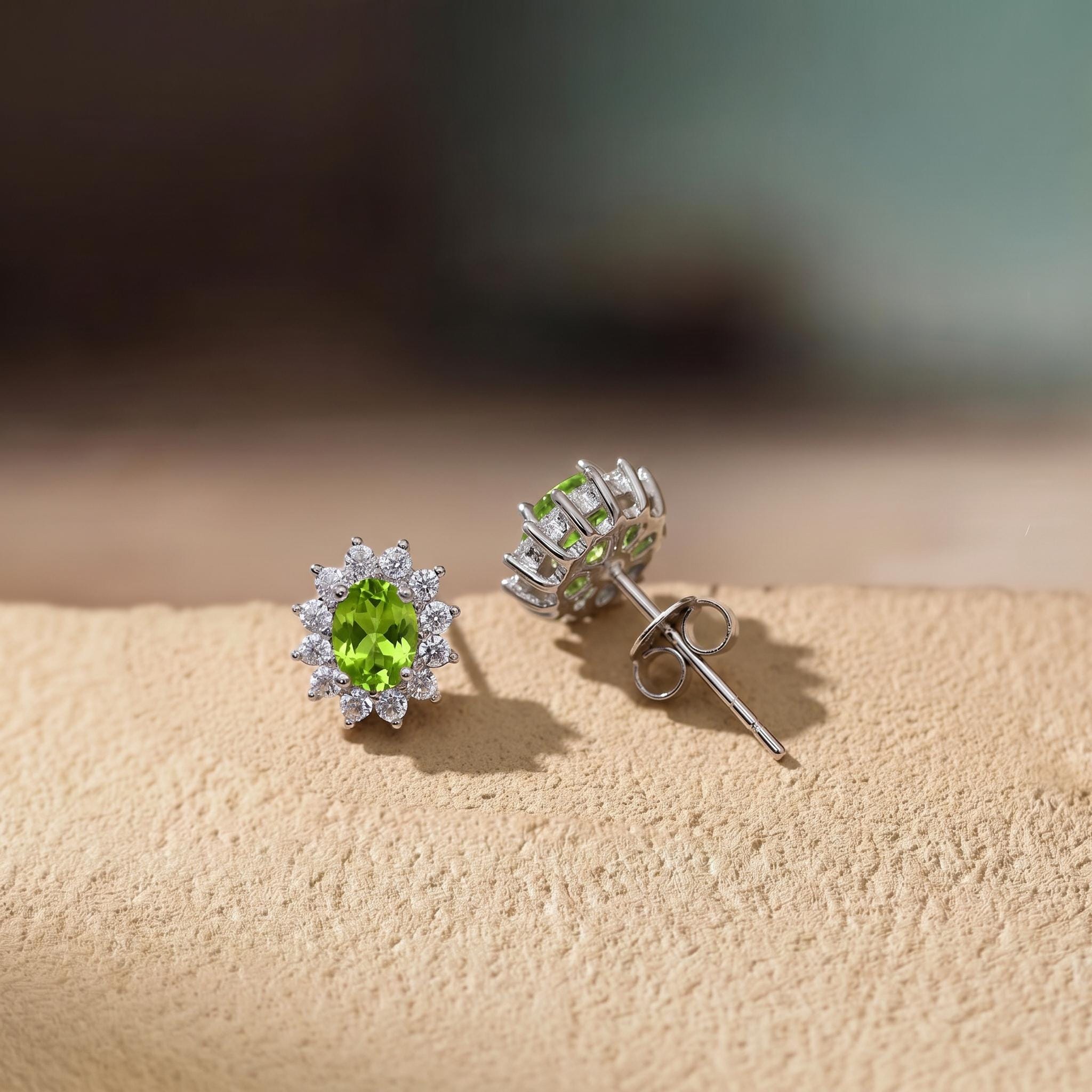 Peridot Stud Earrings, CZ Halo Earrings, Oval Green Gemstone Studs, August Birthstone Jewelry