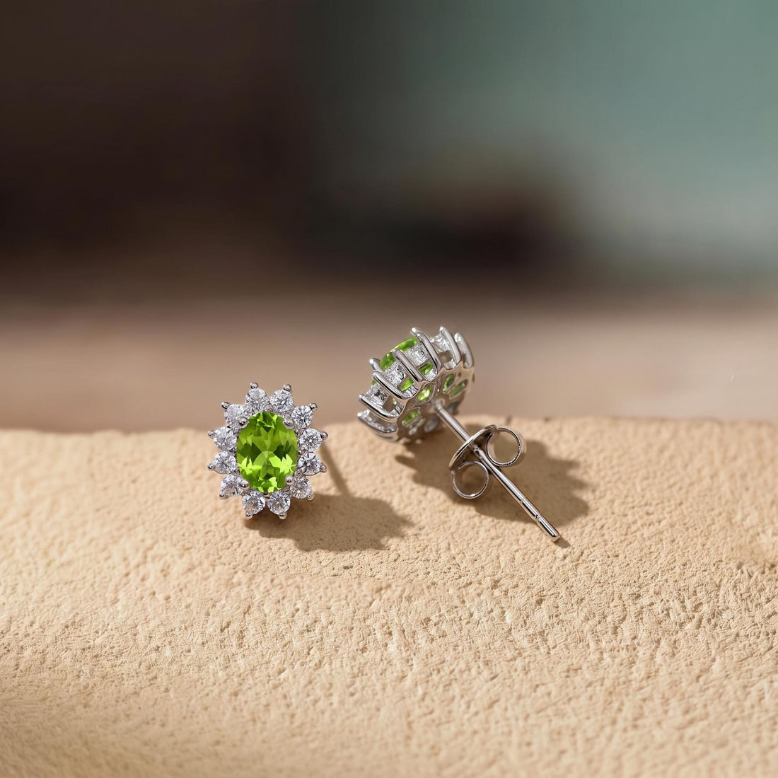 Peridot Stud Earrings, CZ Halo Earrings, Oval Green Gemstone Studs, August Birthstone Jewelry