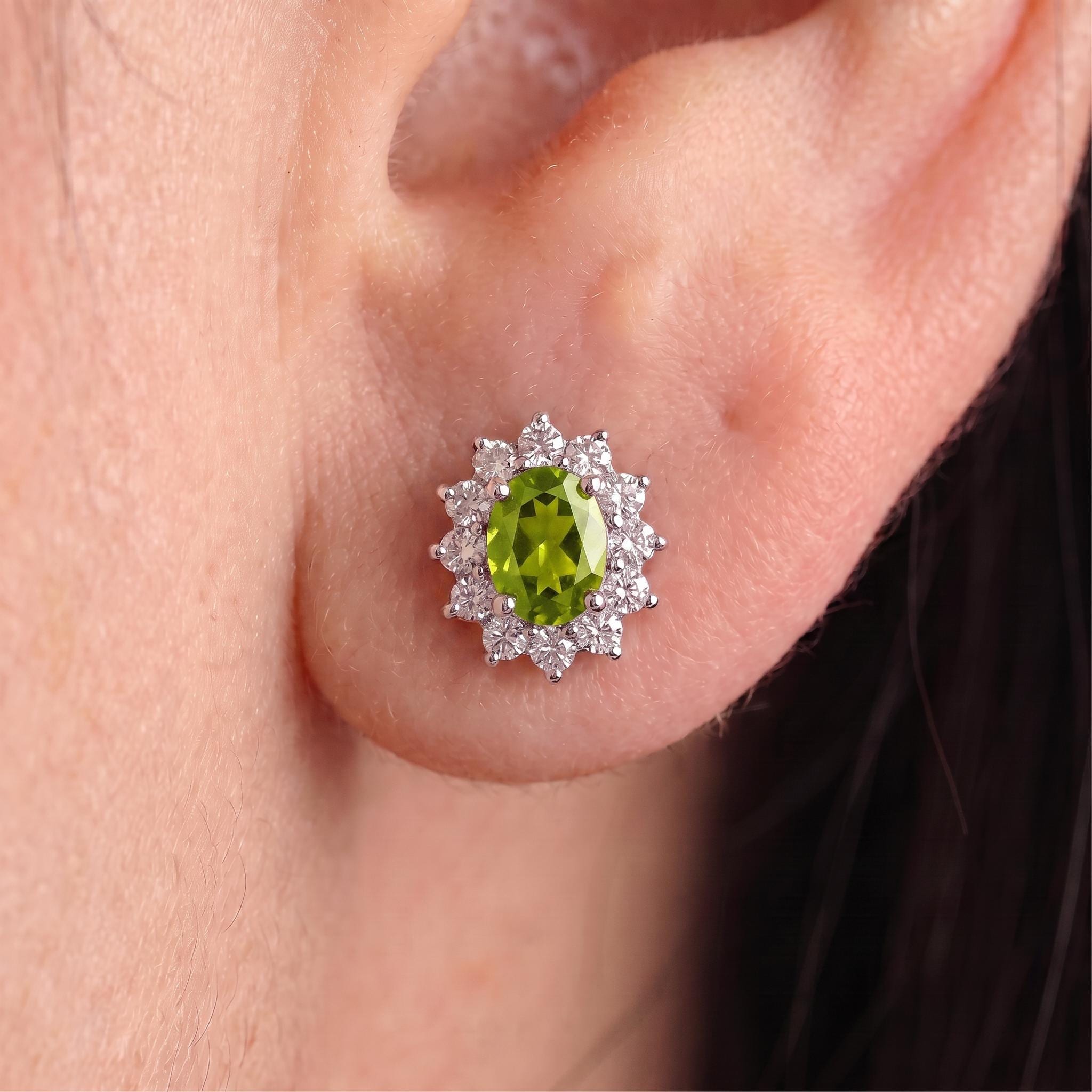 Peridot Stud Earrings, CZ Halo Earrings, Oval Green Gemstone Studs, August Birthstone Jewelry