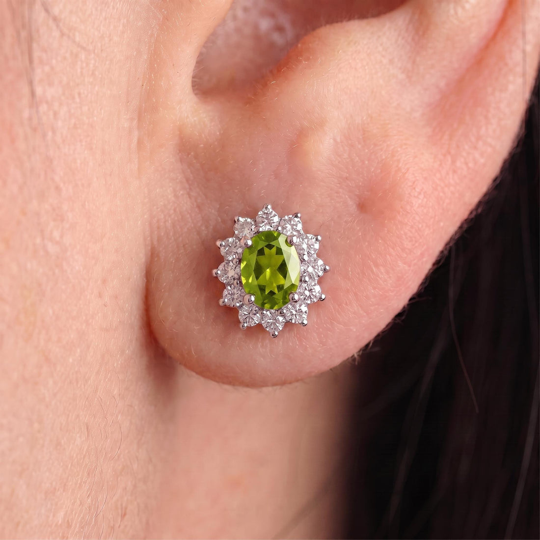 Peridot Stud Earrings, CZ Halo Earrings, Oval Green Gemstone Studs, August Birthstone Jewelry