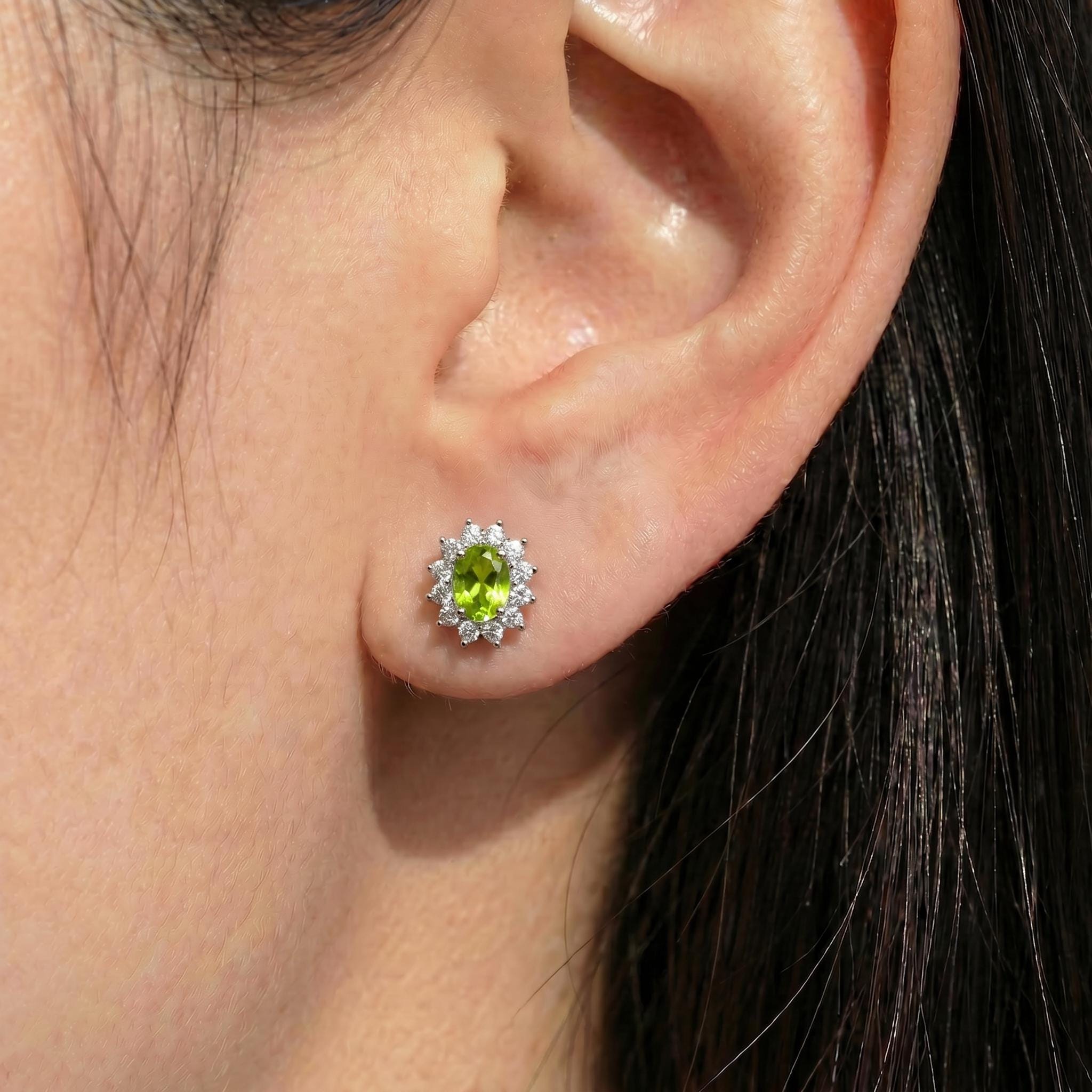 Peridot Stud Earrings, CZ Halo Earrings, Oval Green Gemstone Studs, August Birthstone Jewelry