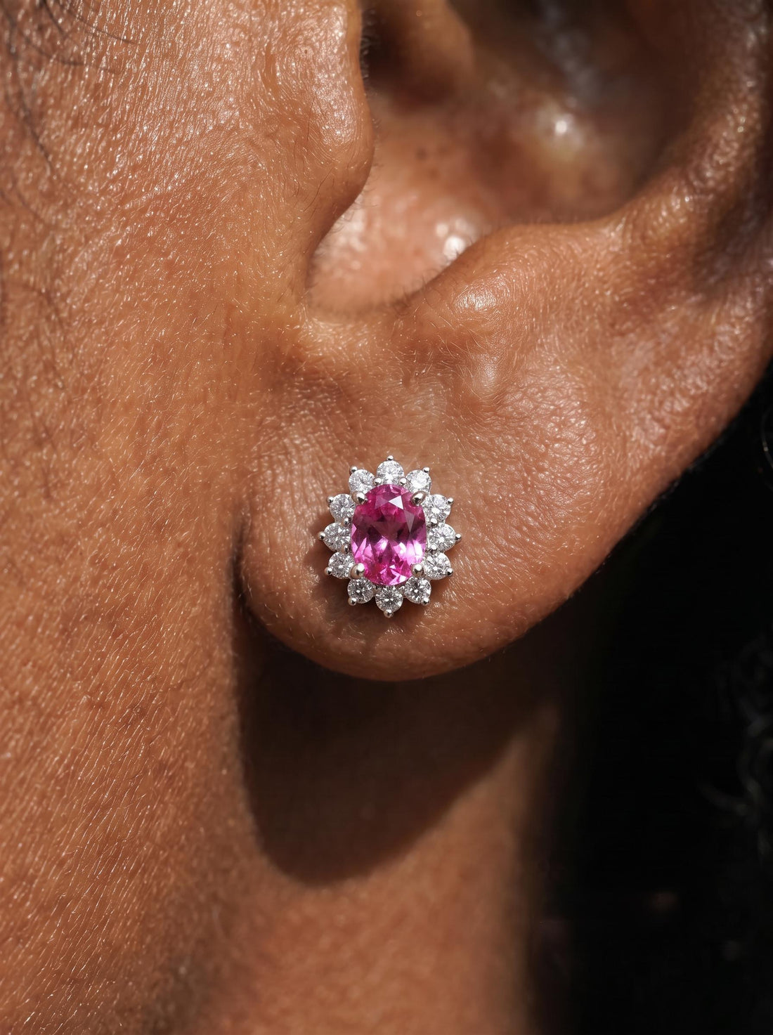 Pink Tourmaline Stud Earrings, CZ Halo Earrings, Oval Pink Gemstone Studs, Romantic Jewelry Gift