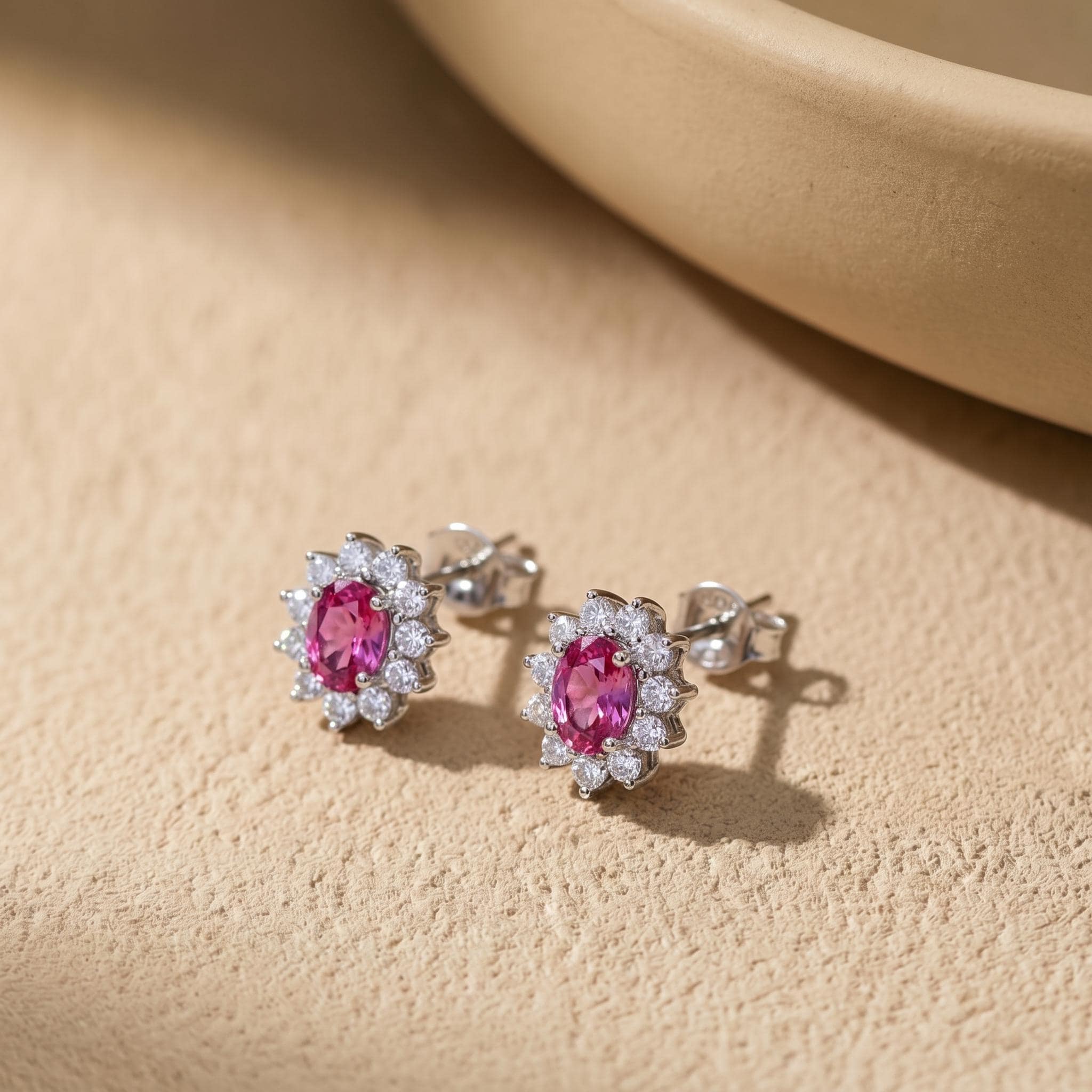 Pink Tourmaline Stud Earrings, CZ Halo Earrings, Oval Pink Gemstone Studs, Romantic Jewelry Gift