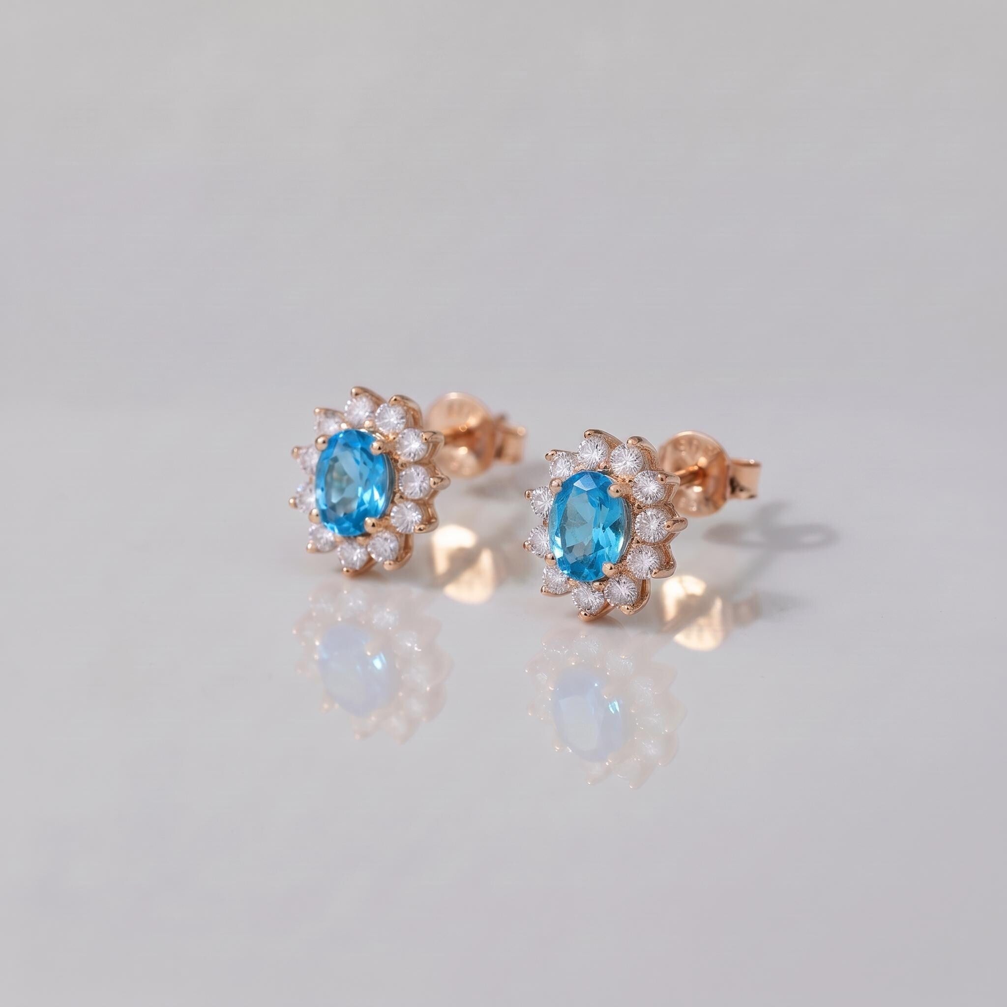 Dainty Blue Topaz Halo Stud Earrings | Floral December Birthstone Gift for Her | Elegant Everyday Jewelry