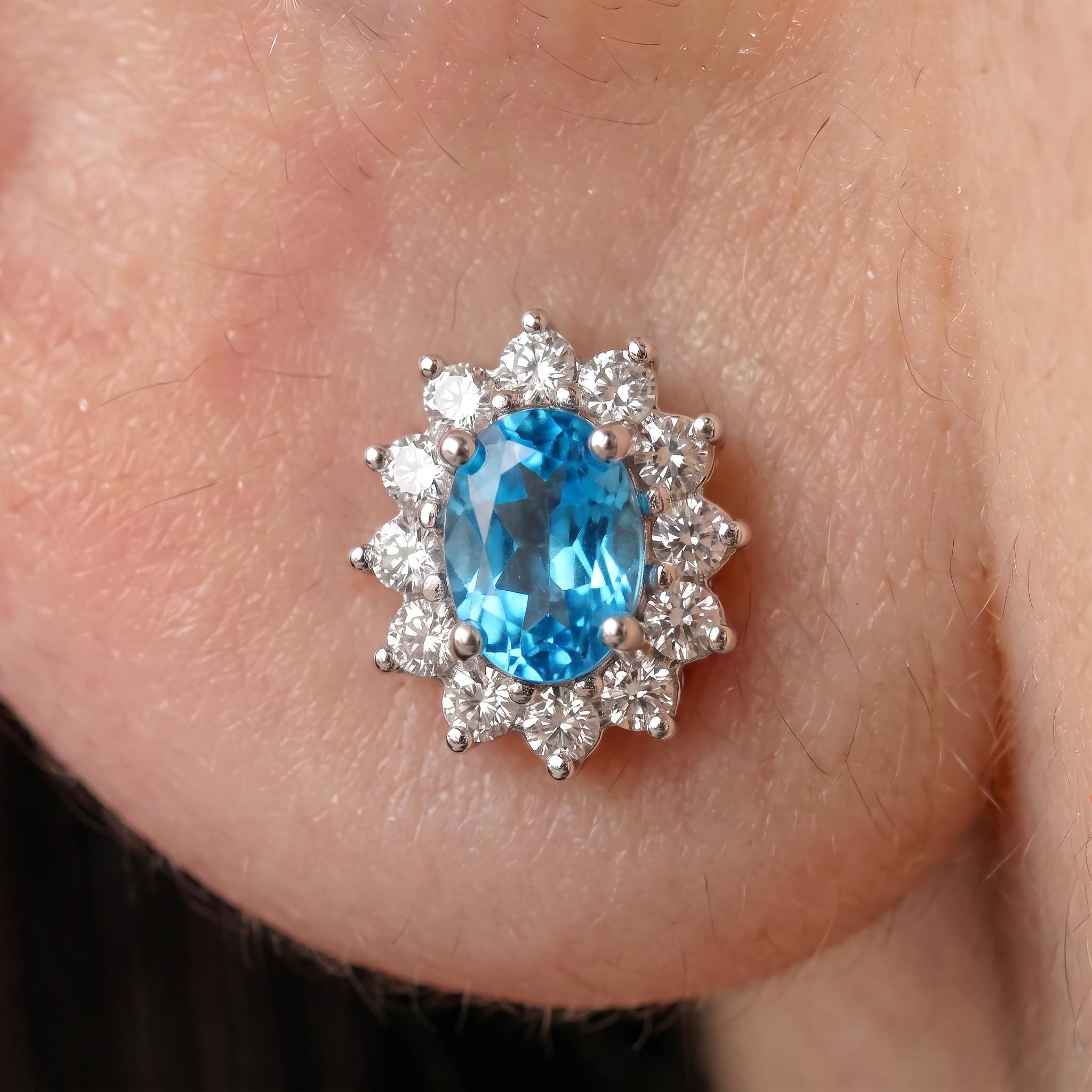 Dainty Blue Topaz Halo Stud Earrings | Floral December Birthstone Gift for Her | Elegant Everyday Jewelry