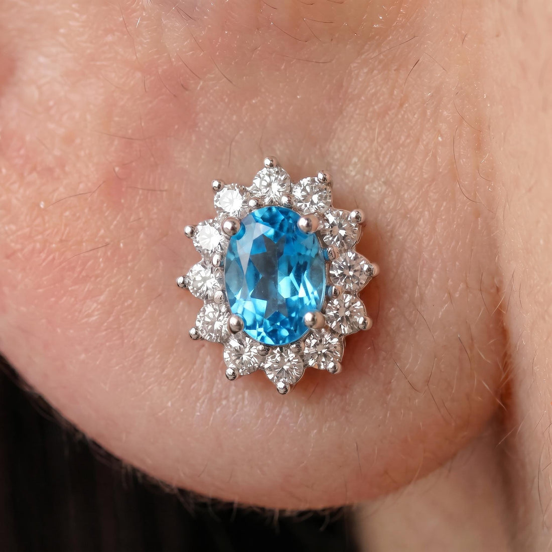 Dainty Blue Topaz Halo Stud Earrings | Floral December Birthstone Gift for Her | Elegant Everyday Jewelry
