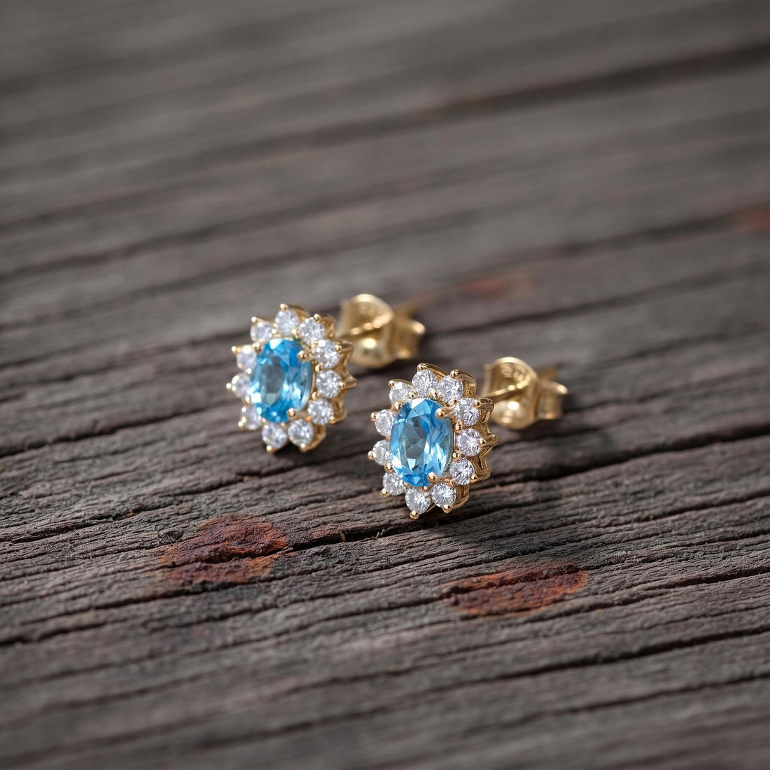 Dainty Blue Topaz Halo Stud Earrings | Floral December Birthstone Gift for Her | Elegant Everyday Jewelry