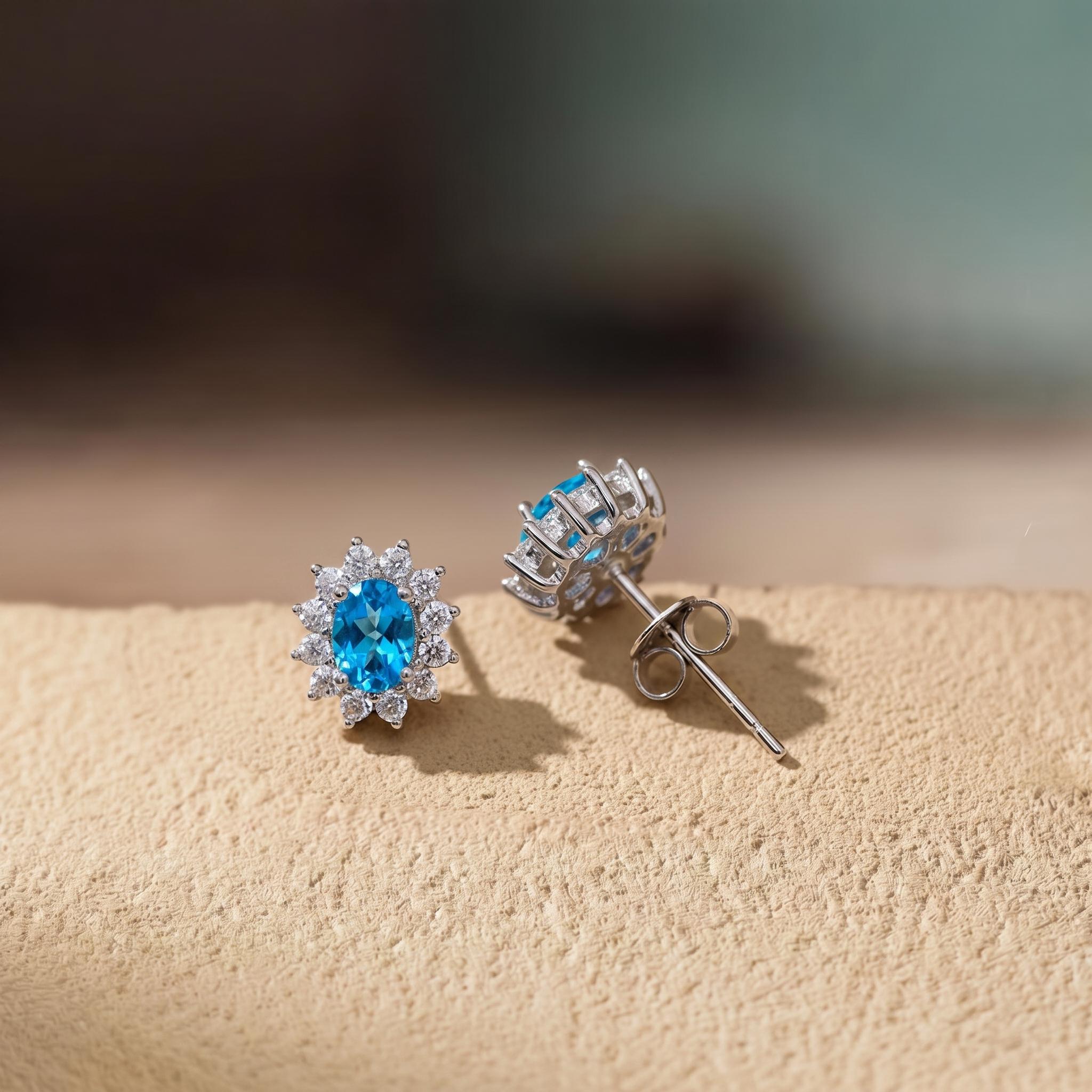 Dainty Blue Topaz Halo Stud Earrings | Floral December Birthstone Gift for Her | Elegant Everyday Jewelry