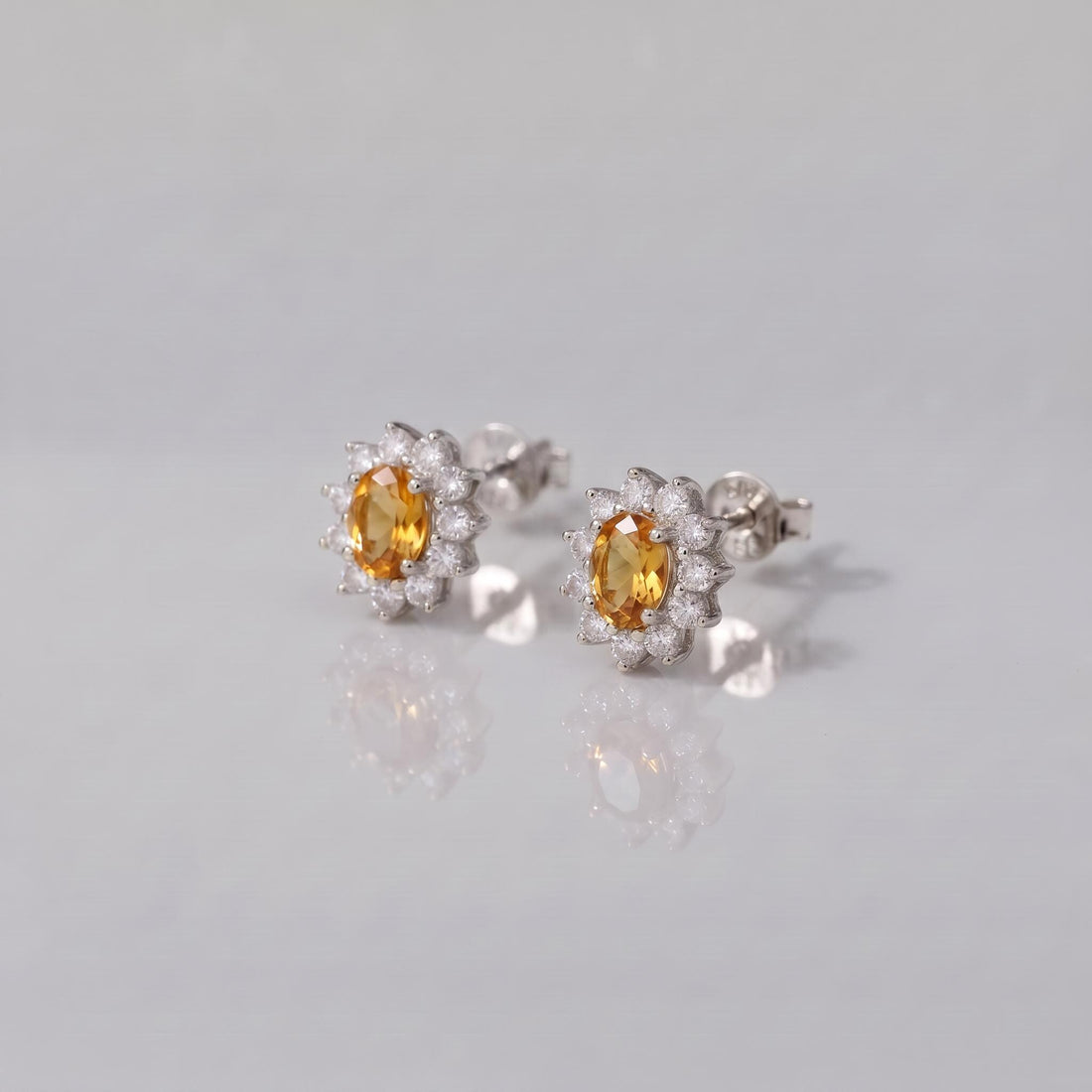 Citrine Stud Earrings, CZ Halo Earrings, Oval Yellow Gemstone Studs, November Birthstone Jewelry