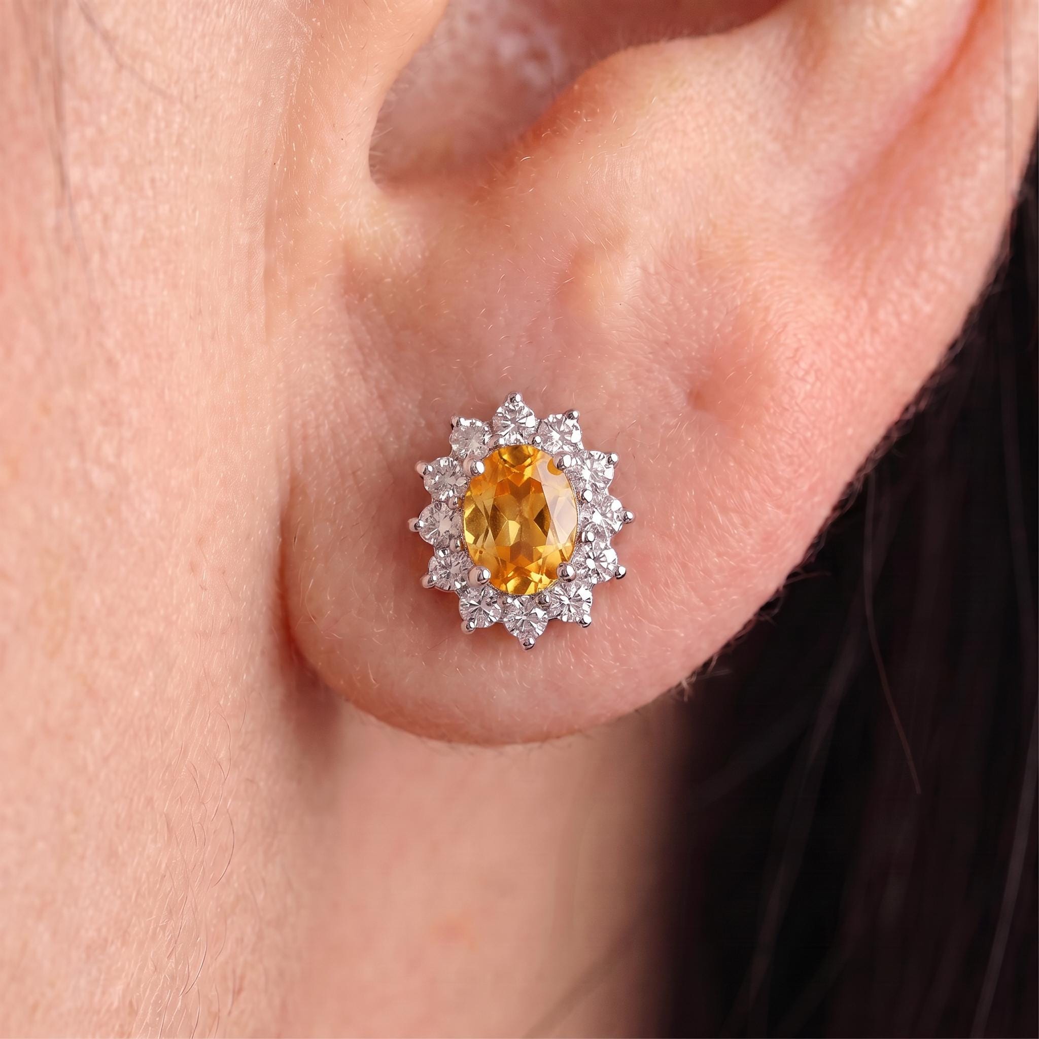 Citrine Stud Earrings, CZ Halo Earrings, Oval Yellow Gemstone Studs, November Birthstone Jewelry