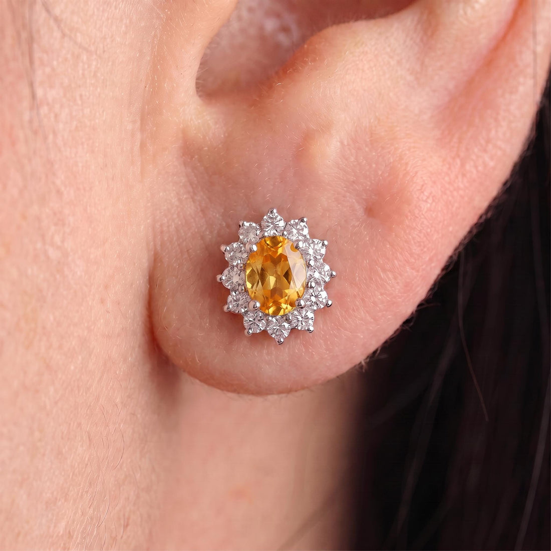Citrine Stud Earrings, CZ Halo Earrings, Oval Yellow Gemstone Studs, November Birthstone Jewelry