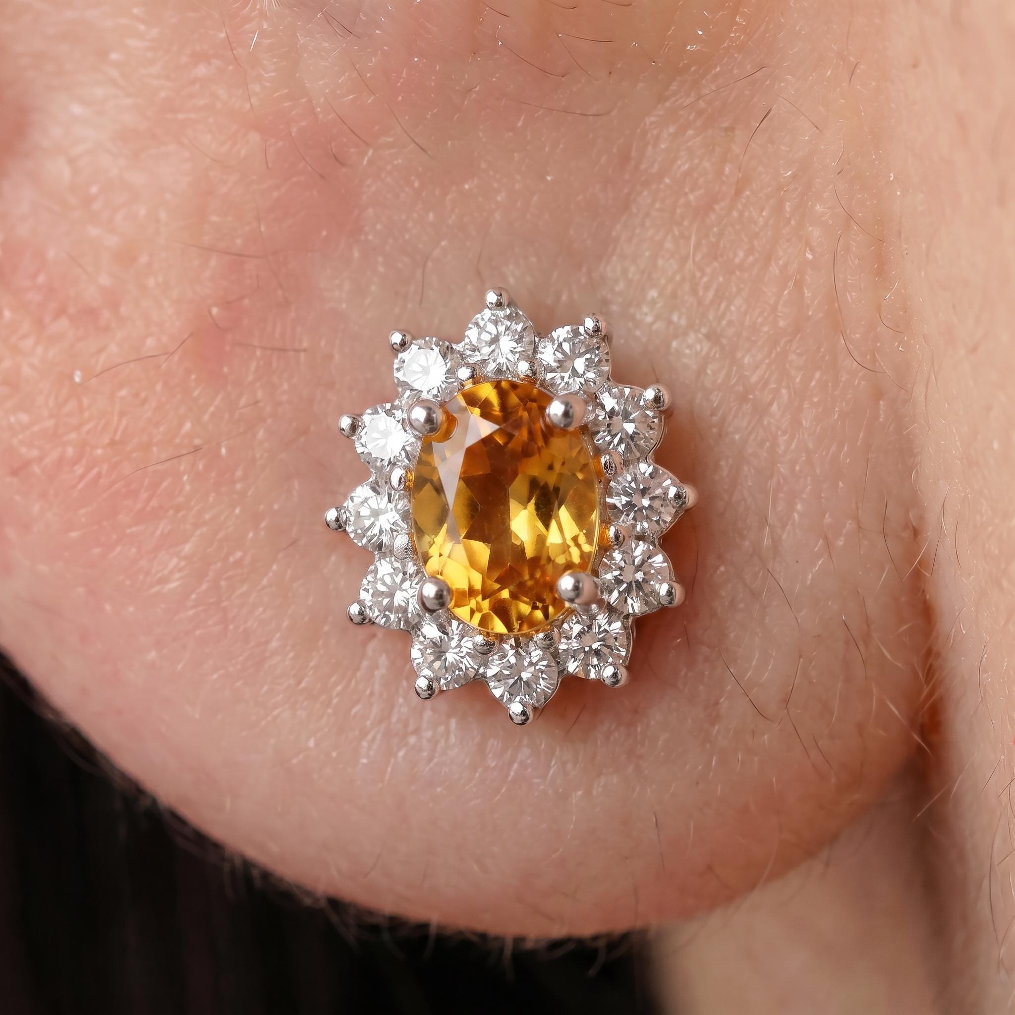 Citrine Stud Earrings, CZ Halo Earrings, Oval Yellow Gemstone Studs, November Birthstone Jewelry