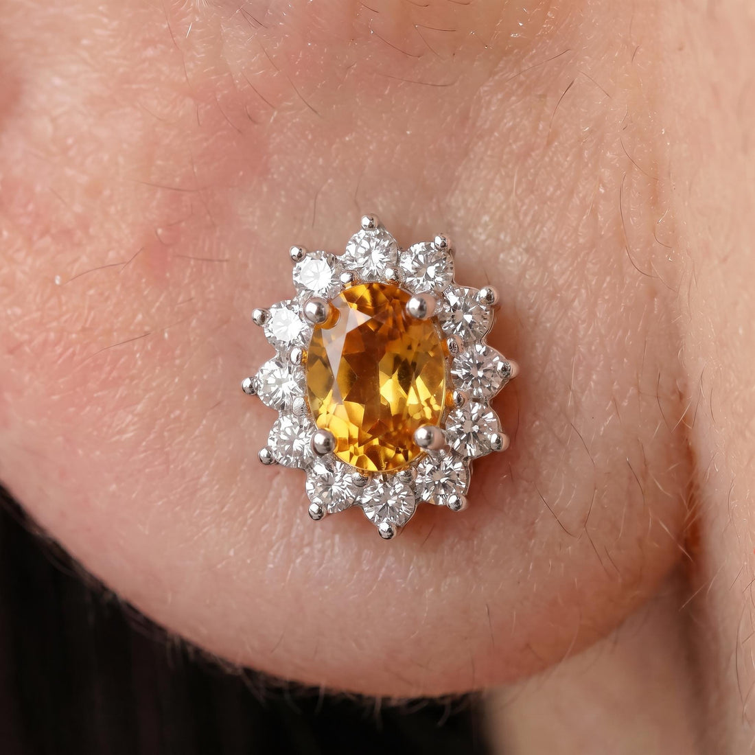 Citrine Stud Earrings, CZ Halo Earrings, Oval Yellow Gemstone Studs, November Birthstone Jewelry