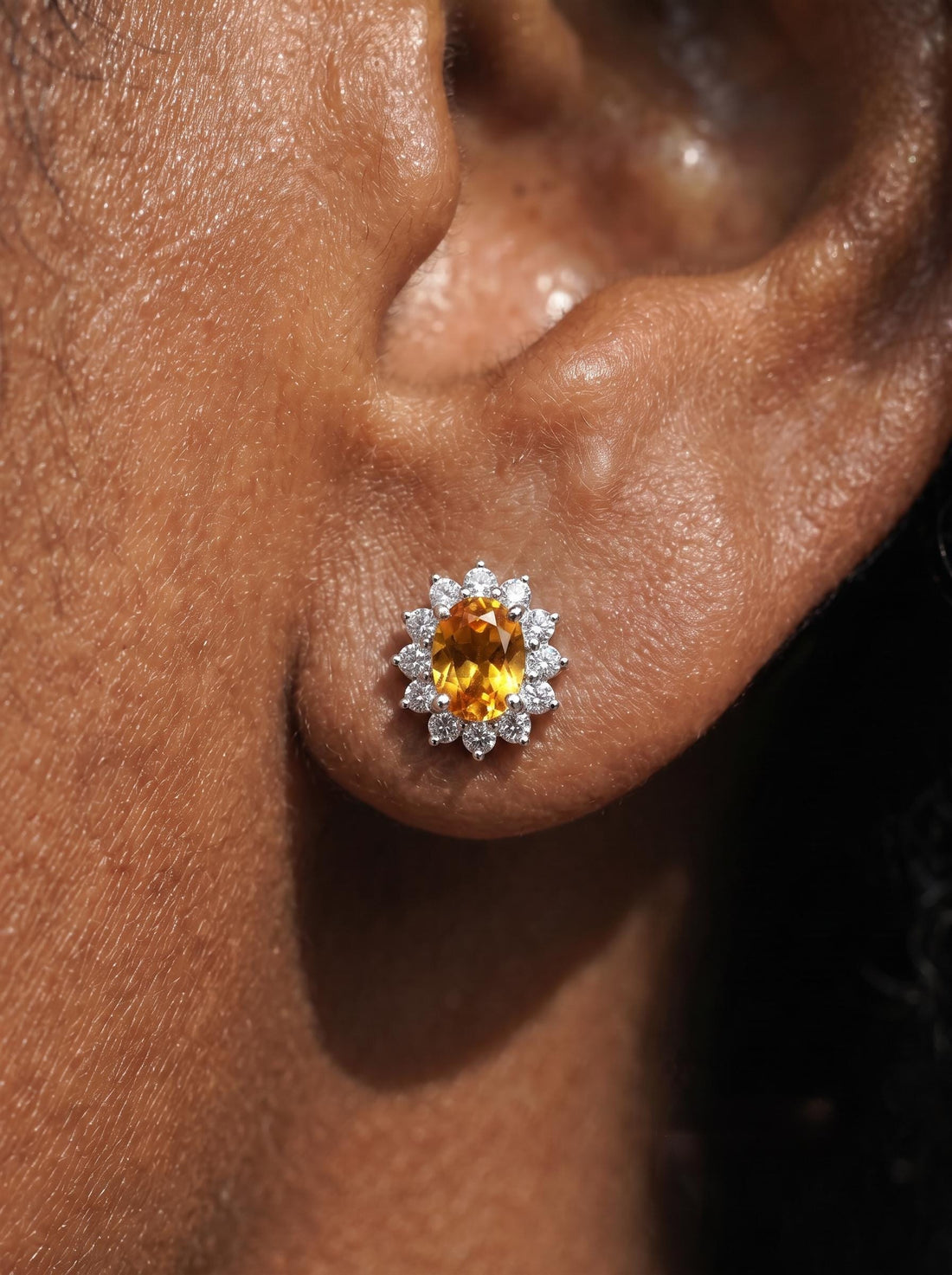 Citrine Stud Earrings, CZ Halo Earrings, Oval Yellow Gemstone Studs, November Birthstone Jewelry
