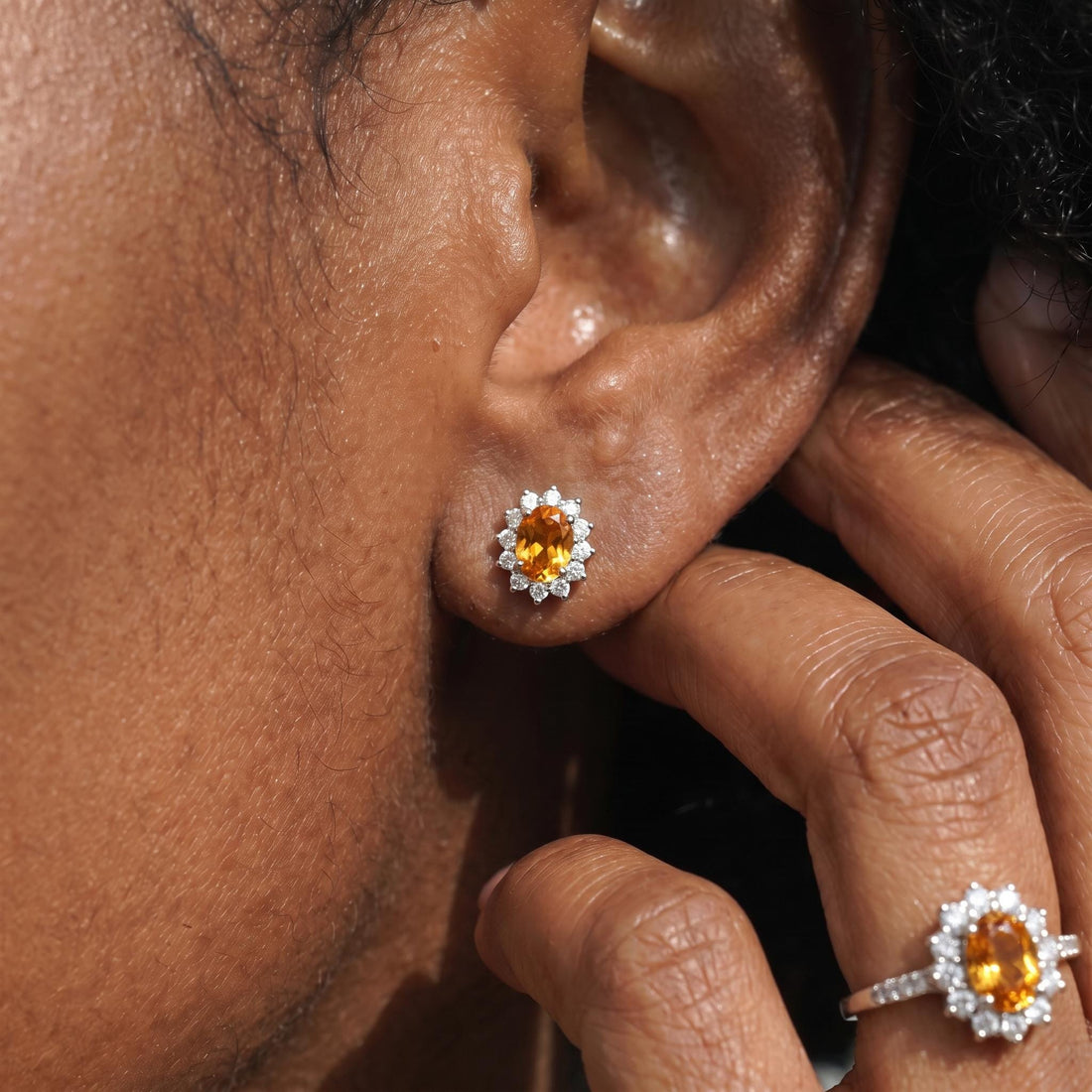 Citrine Stud Earrings, CZ Halo Earrings, Oval Yellow Gemstone Studs, November Birthstone Jewelry