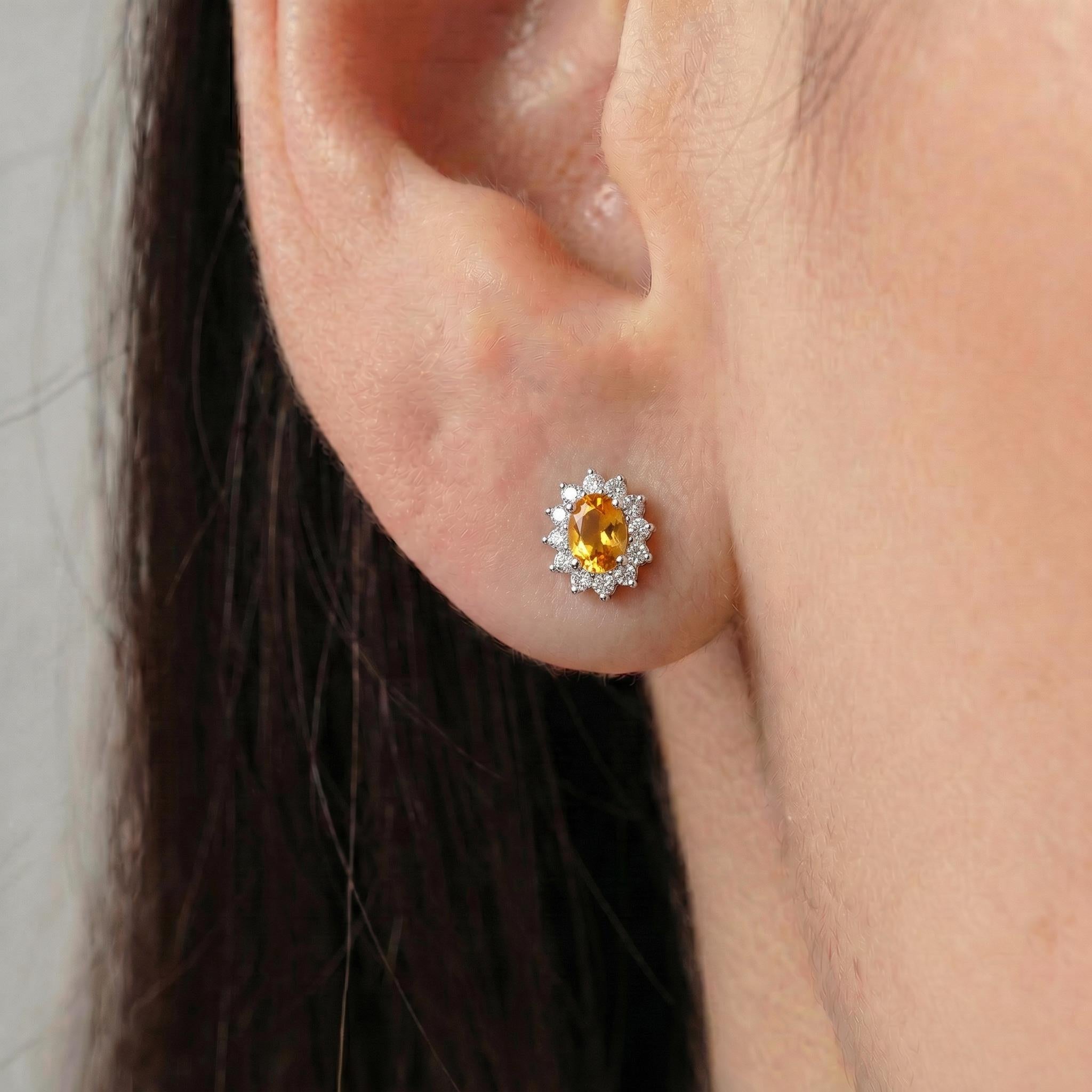 Citrine Stud Earrings, CZ Halo Earrings, Oval Yellow Gemstone Studs, November Birthstone Jewelry