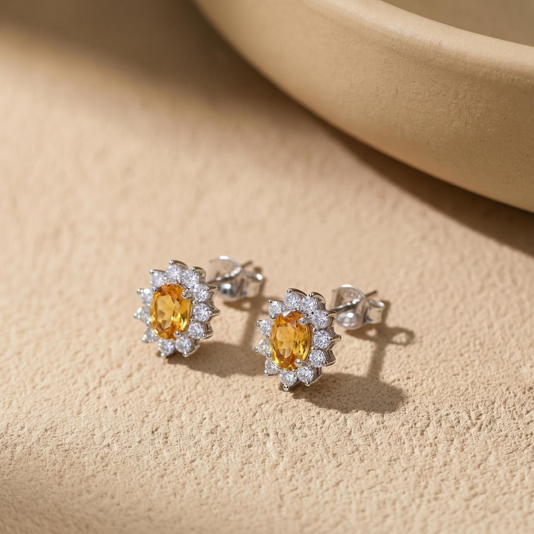 Citrine Stud Earrings, CZ Halo Earrings, Oval Yellow Gemstone Studs, November Birthstone Jewelry