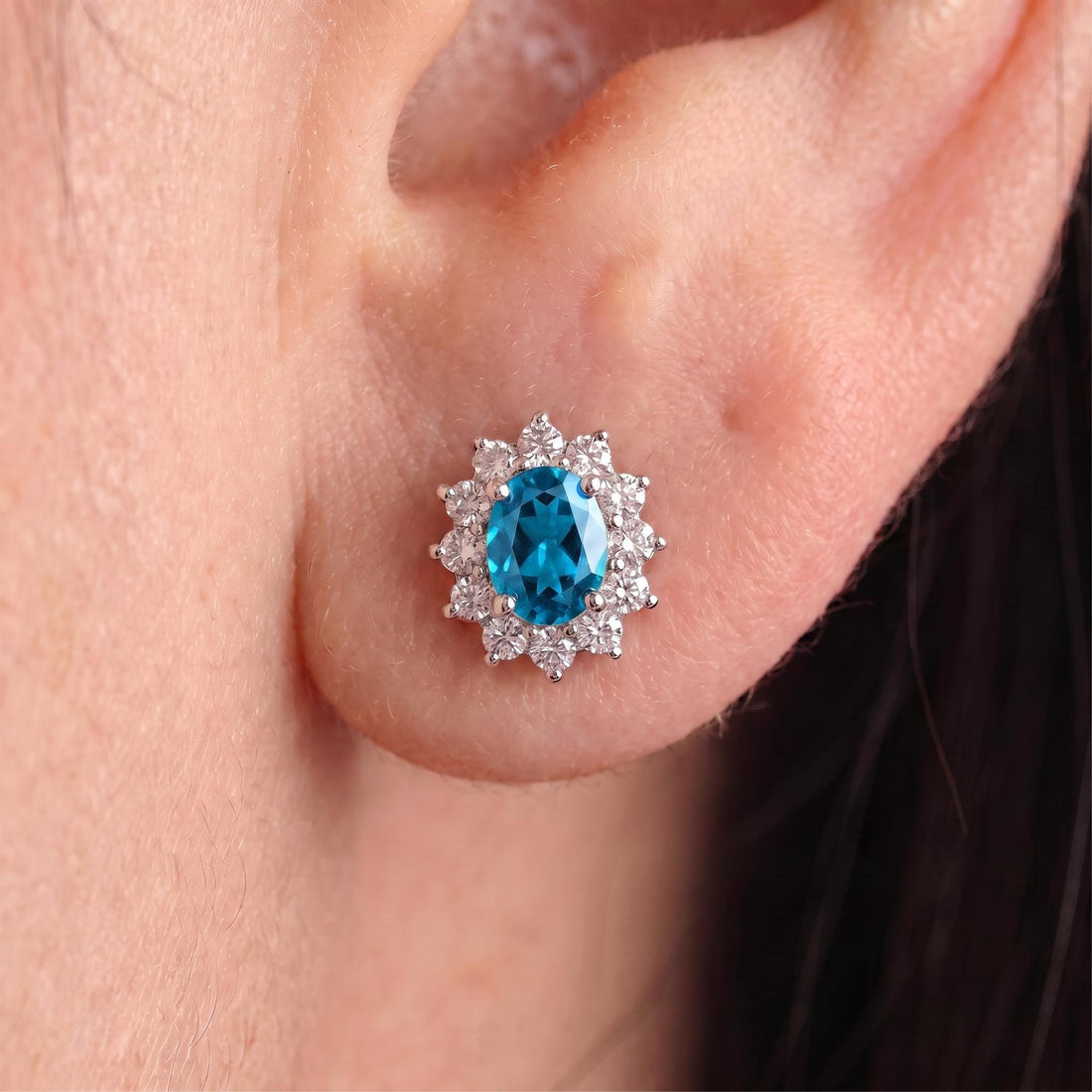 Blue Zircon Stud Earrings, CZ Halo Earrings, Oval Blue Gemstone Studs, December Birthstone Jewelry