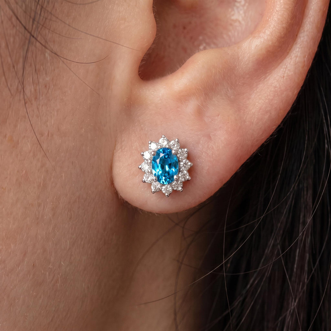Blue Zircon Stud Earrings, CZ Halo Earrings, Oval Blue Gemstone Studs, December Birthstone Jewelry