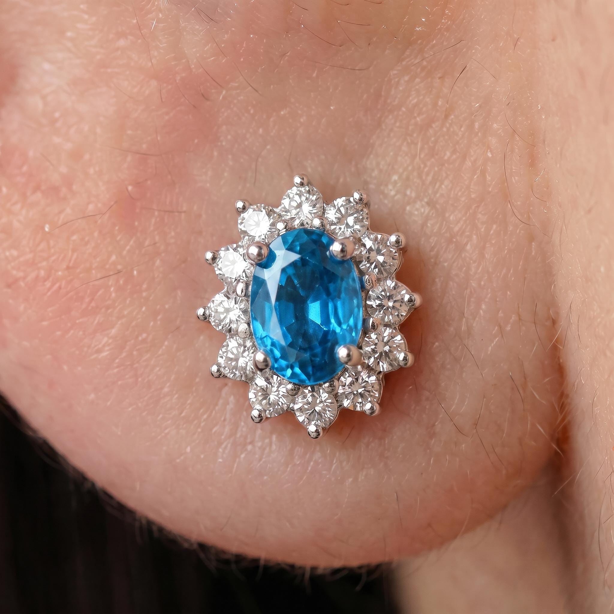 Blue Zircon Stud Earrings, CZ Halo Earrings, Oval Blue Gemstone Studs, December Birthstone Jewelry