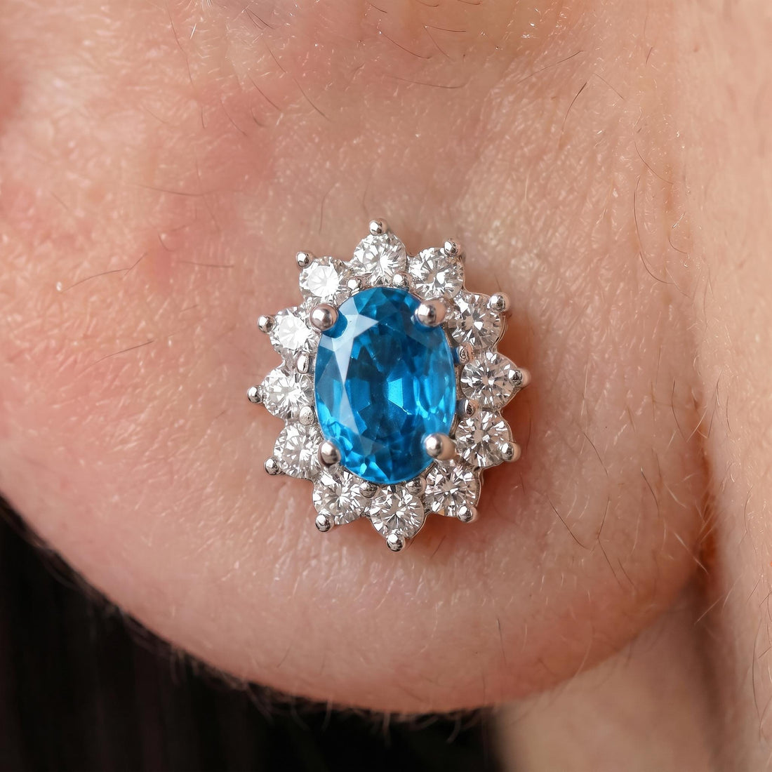 Blue Zircon Stud Earrings, CZ Halo Earrings, Oval Blue Gemstone Studs, December Birthstone Jewelry