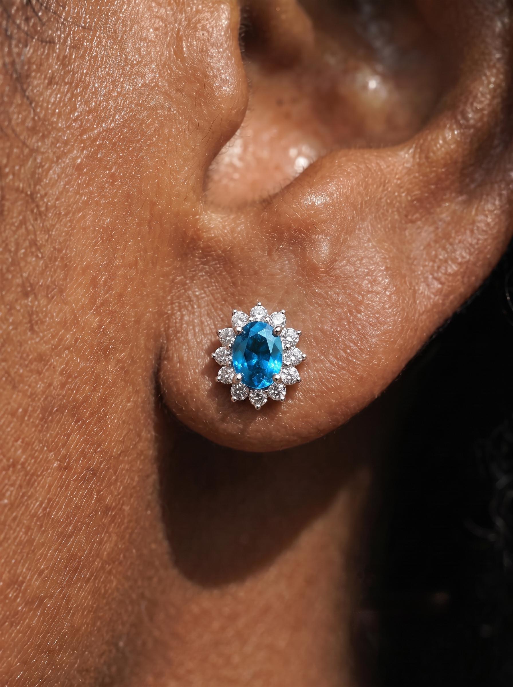 Blue Zircon Stud Earrings, CZ Halo Earrings, Oval Blue Gemstone Studs, December Birthstone Jewelry