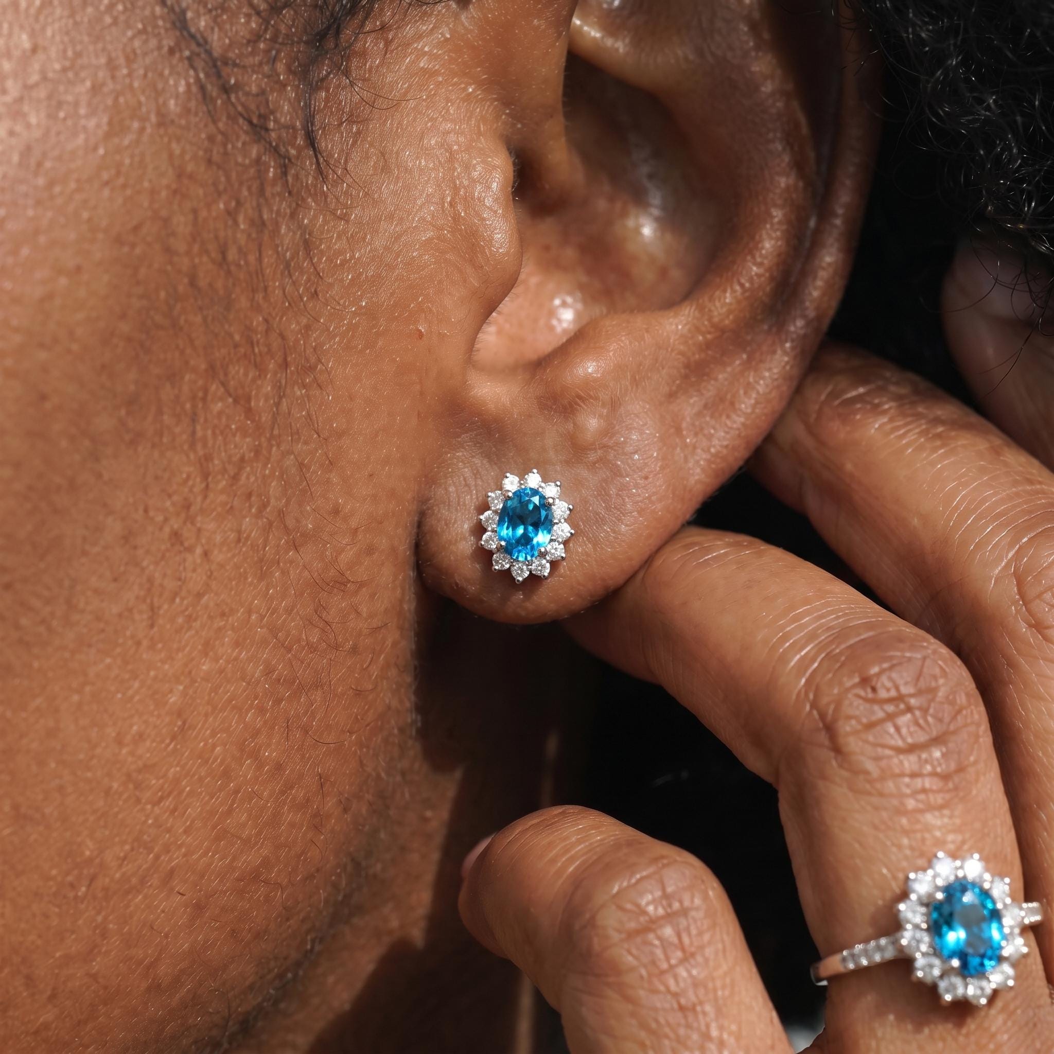 Blue Zircon Stud Earrings, CZ Halo Earrings, Oval Blue Gemstone Studs, December Birthstone Jewelry
