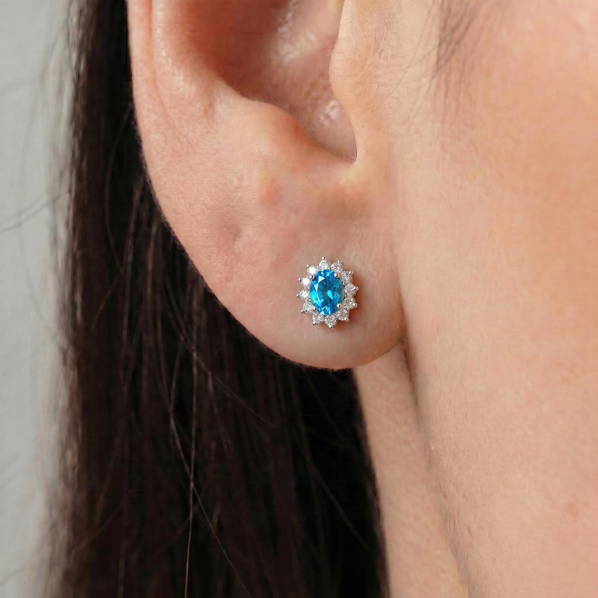 Blue Zircon Stud Earrings, CZ Halo Earrings, Oval Blue Gemstone Studs, December Birthstone Jewelry