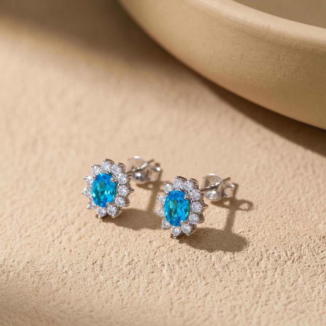 Blue Zircon Stud Earrings, CZ Halo Earrings, Oval Blue Gemstone Studs, December Birthstone Jewelry