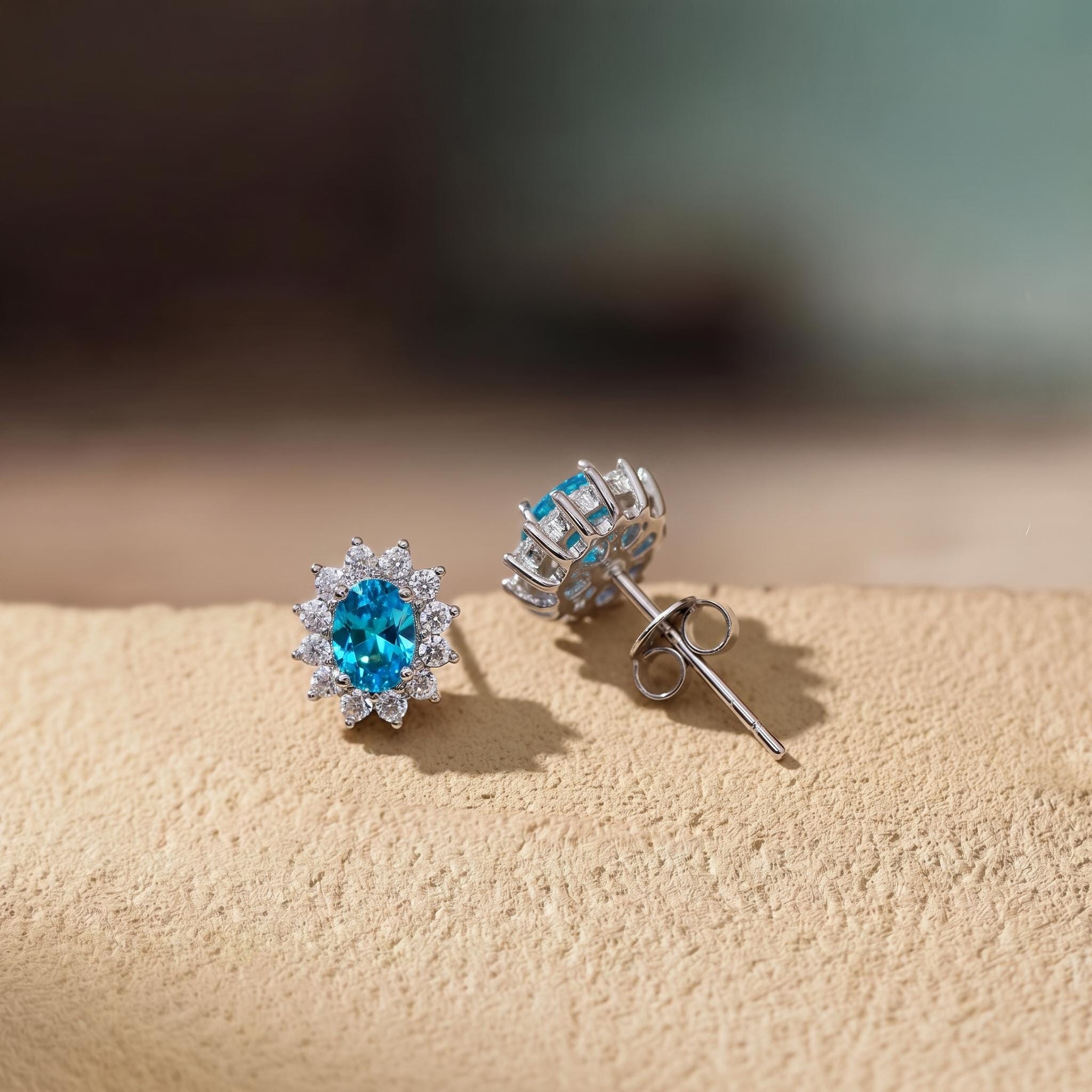 Blue Zircon Stud Earrings, CZ Halo Earrings, Oval Blue Gemstone Studs, December Birthstone Jewelry