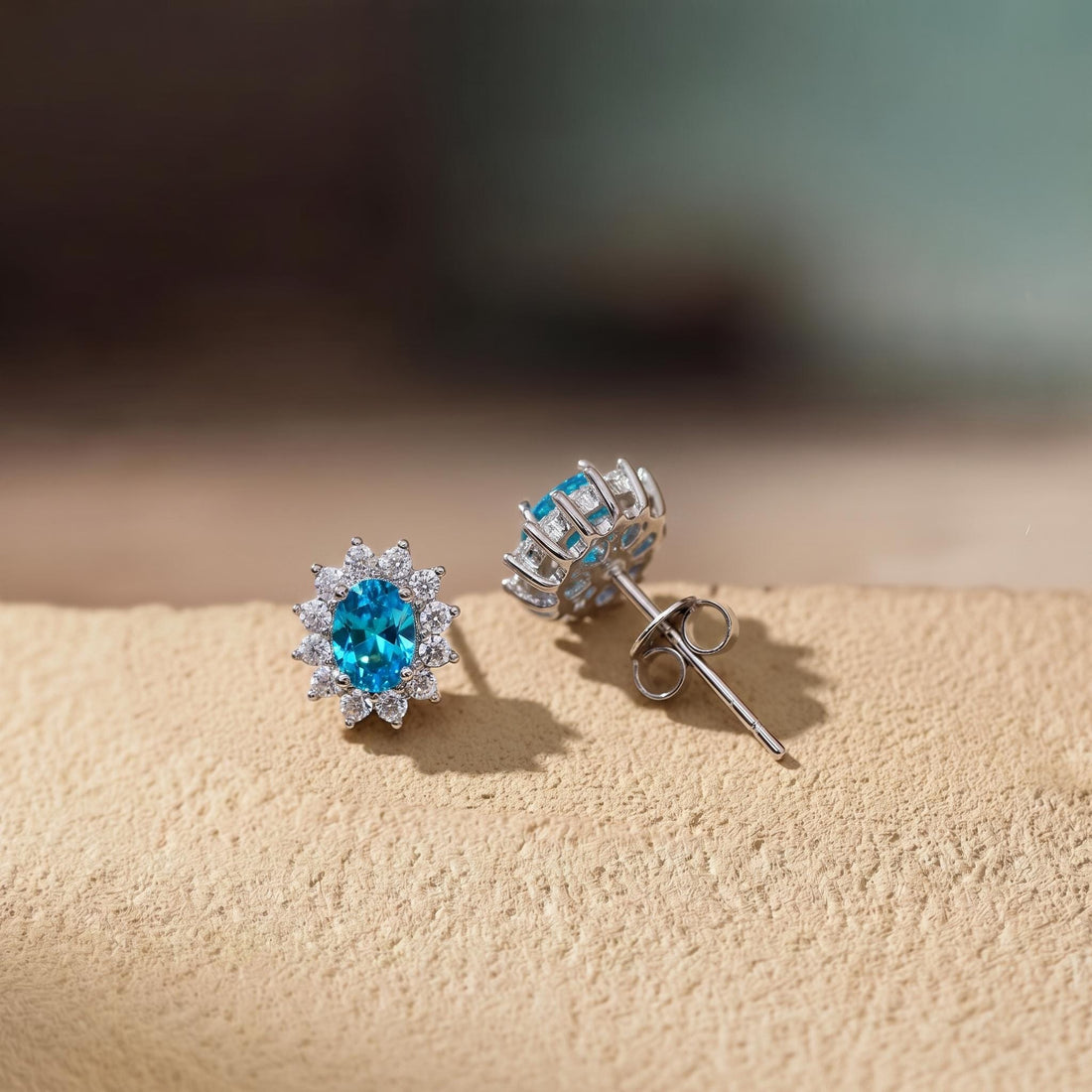 Blue Zircon Stud Earrings, CZ Halo Earrings, Oval Blue Gemstone Studs, December Birthstone Jewelry