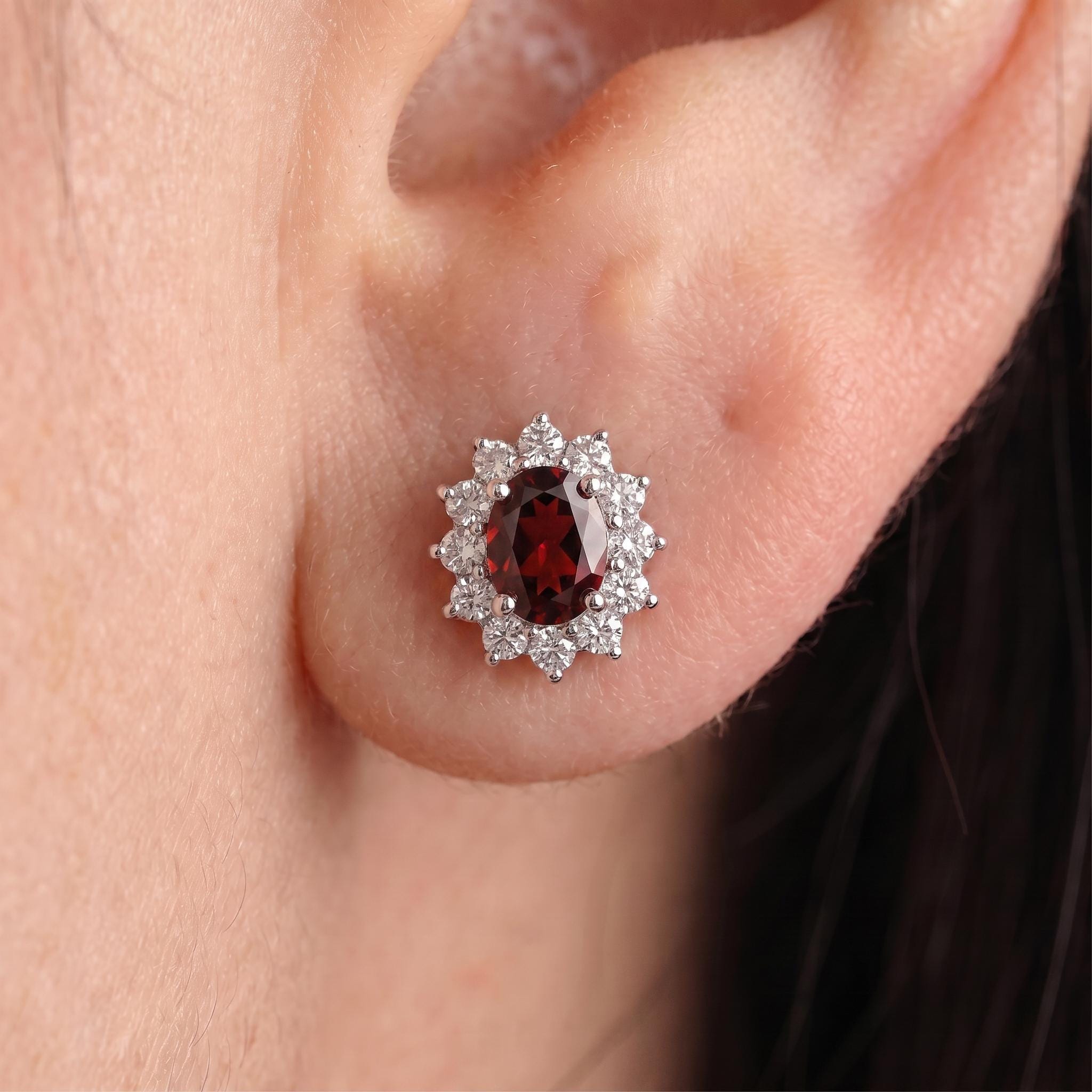 Red Garnet & Diamond Halo Stud Earrings | Oval Gemstone White Gold Fine Jewelry | January Birthstone Gift for Her