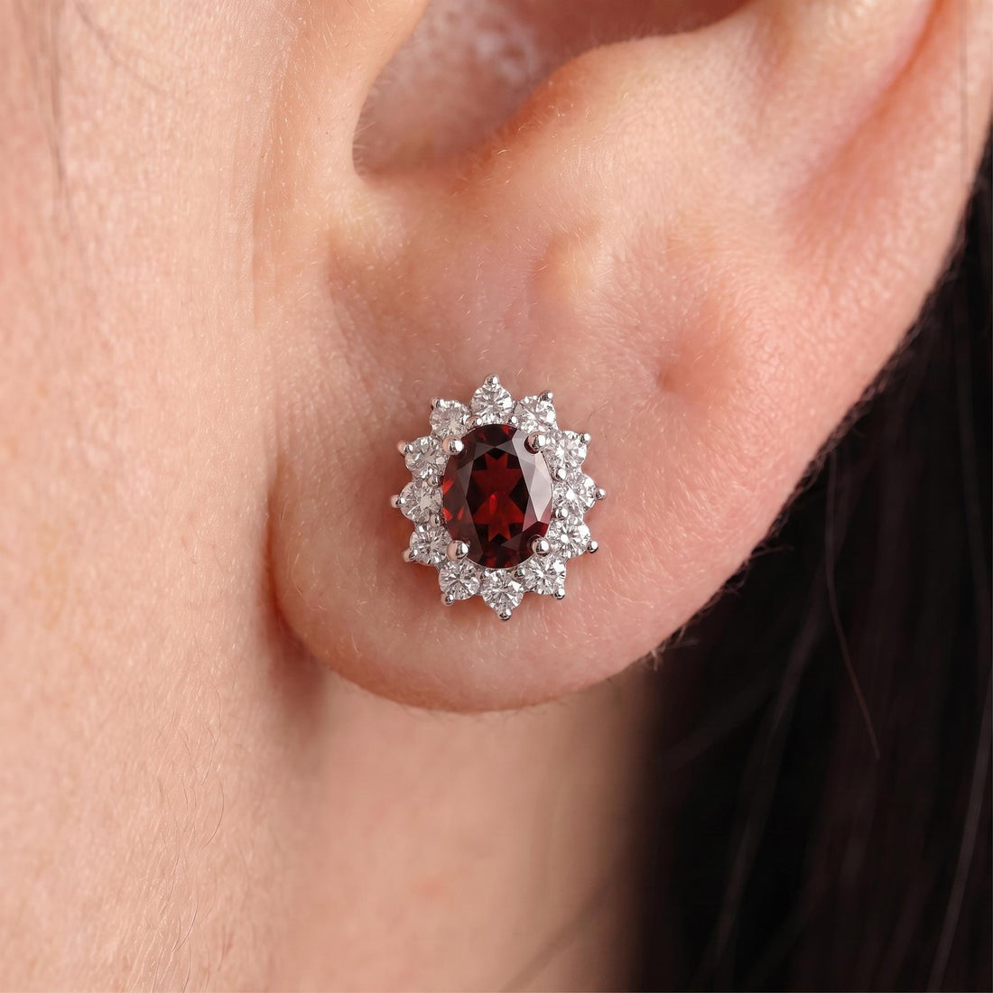 Red Garnet & Diamond Halo Stud Earrings | Oval Gemstone White Gold Fine Jewelry | January Birthstone Gift for Her