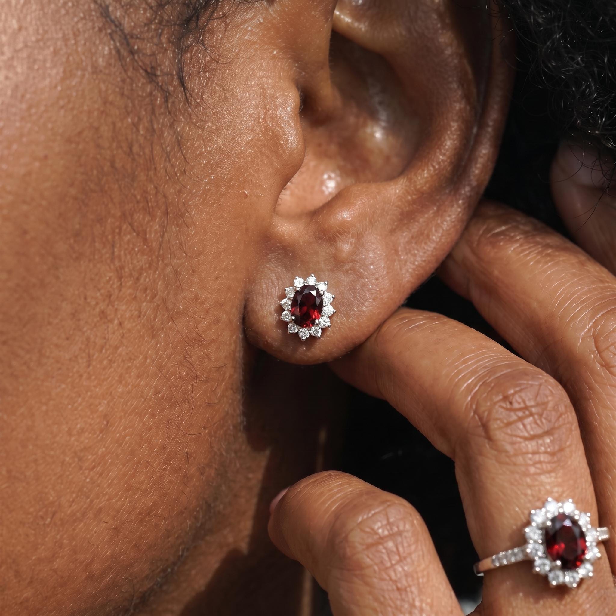 Red Garnet & Diamond Halo Stud Earrings | Oval Gemstone White Gold Fine Jewelry | January Birthstone Gift for Her