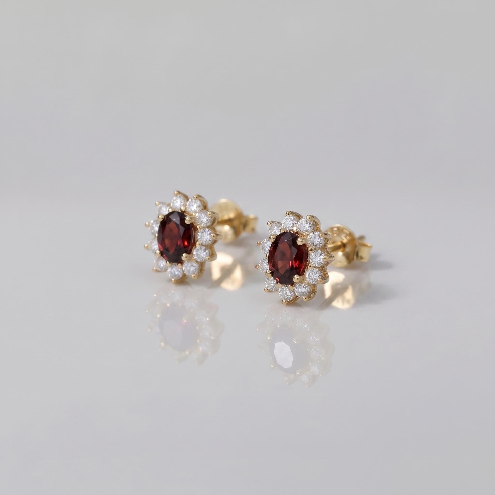 Red Garnet & Diamond Halo Stud Earrings | Oval Gemstone White Gold Fine Jewelry | January Birthstone Gift for Her