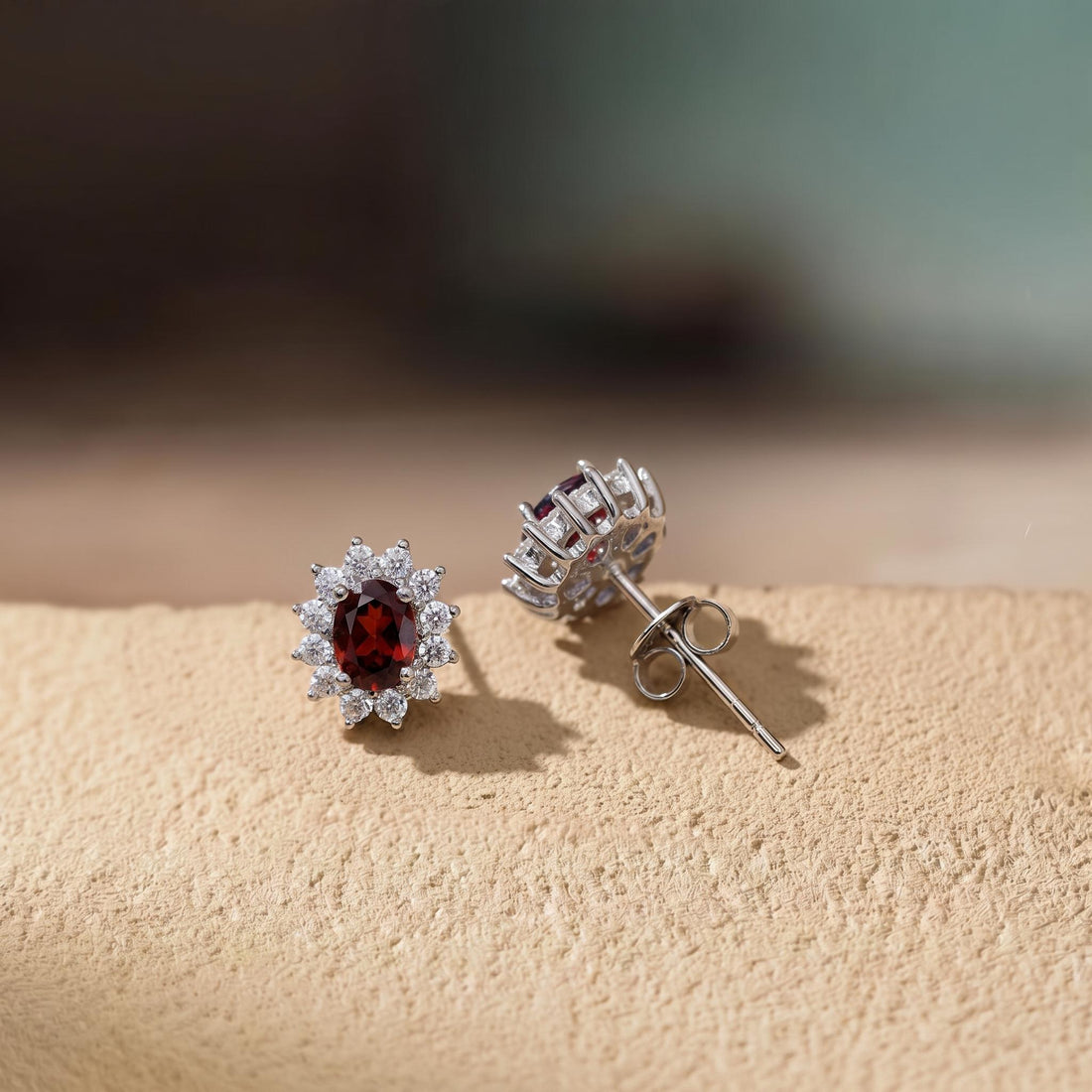 Red Garnet & Diamond Halo Stud Earrings | Oval Gemstone White Gold Fine Jewelry | January Birthstone Gift for Her