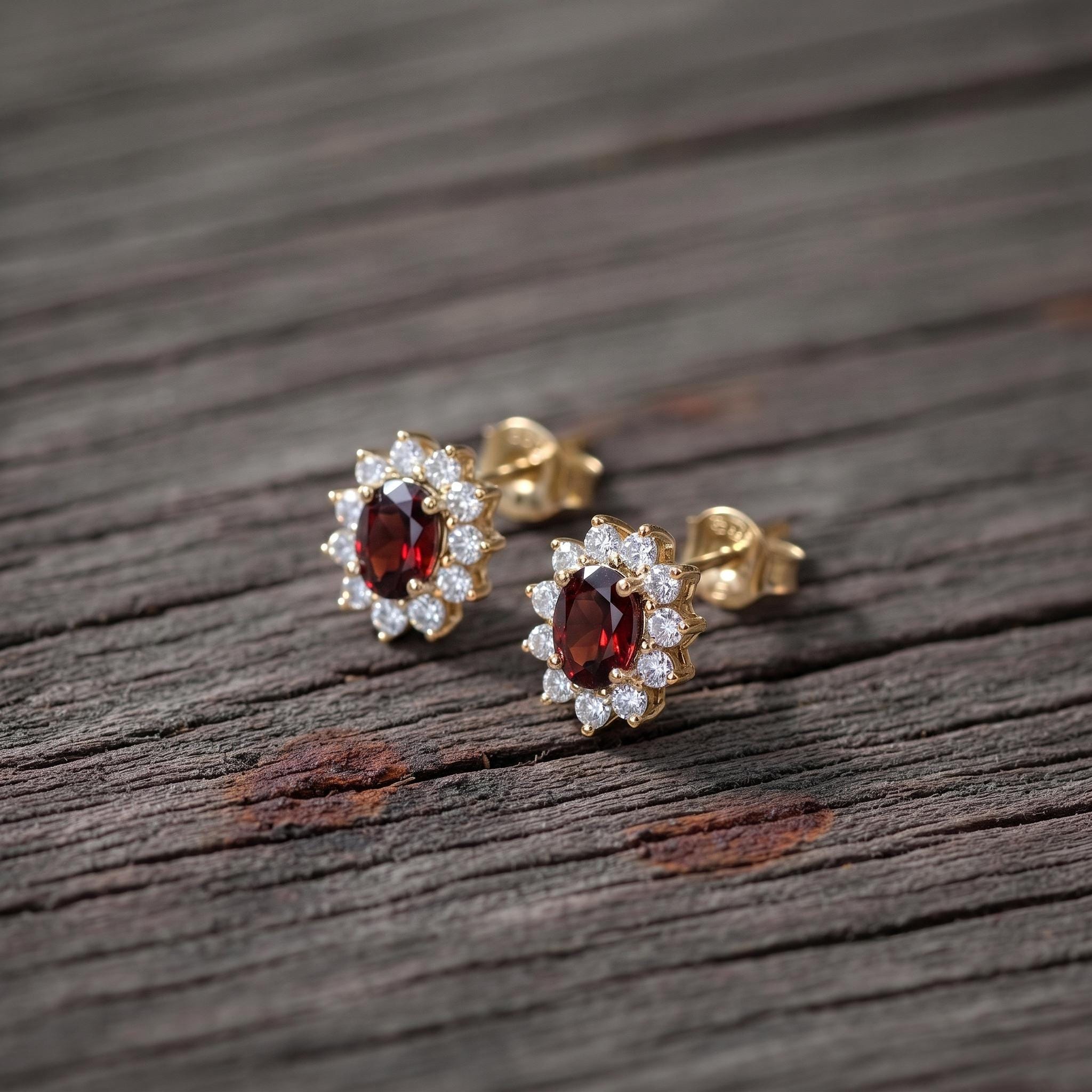 Red Garnet & Diamond Halo Stud Earrings | Oval Gemstone White Gold Fine Jewelry | January Birthstone Gift for Her