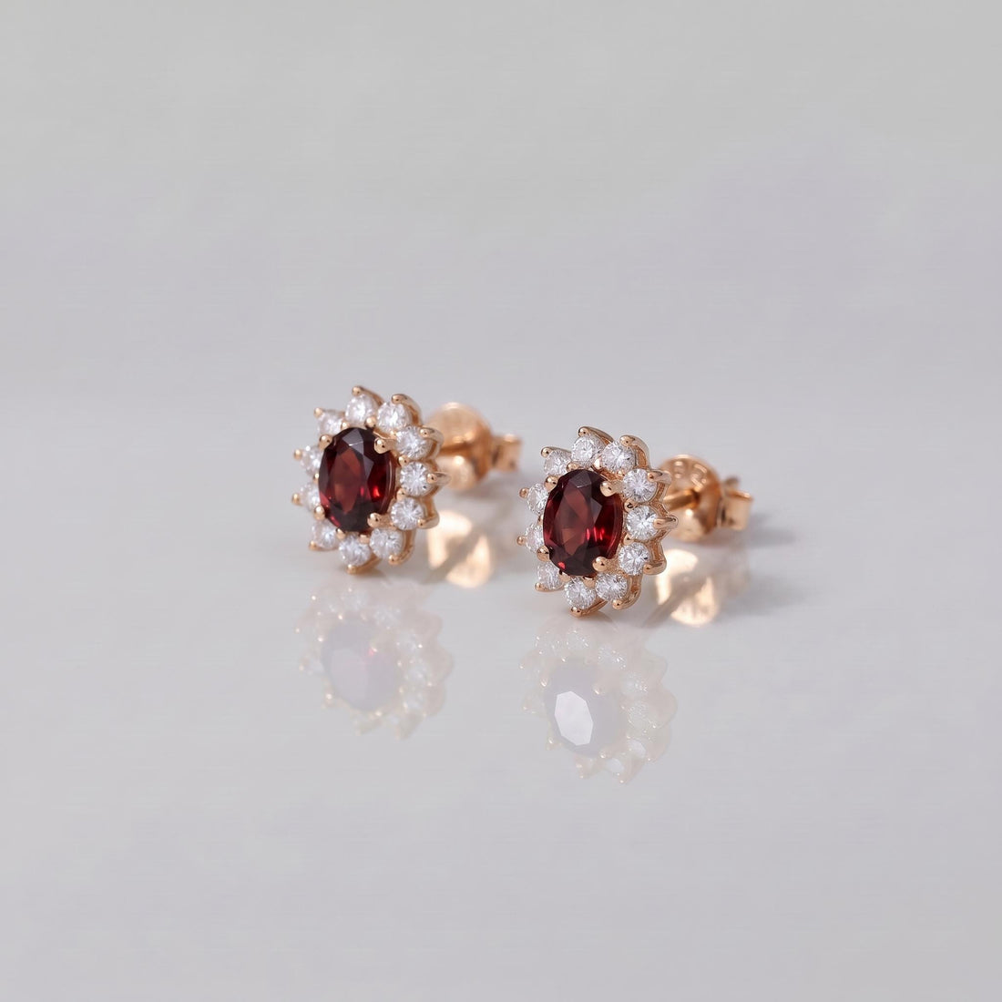 Red Garnet & Diamond Halo Stud Earrings | Oval Gemstone White Gold Fine Jewelry | January Birthstone Gift for Her