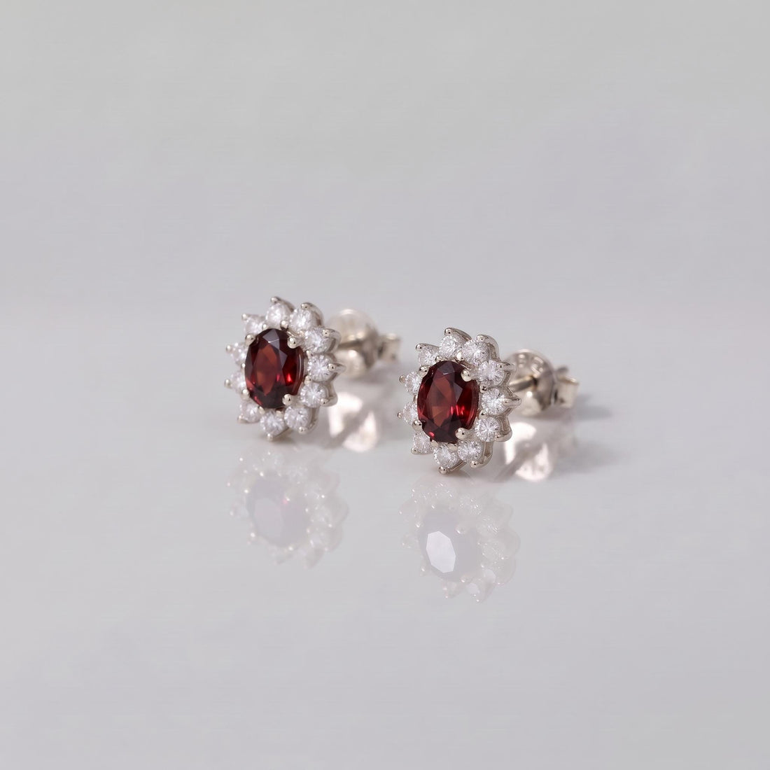 Red Garnet & Diamond Halo Stud Earrings | Oval Gemstone White Gold Fine Jewelry | January Birthstone Gift for Her