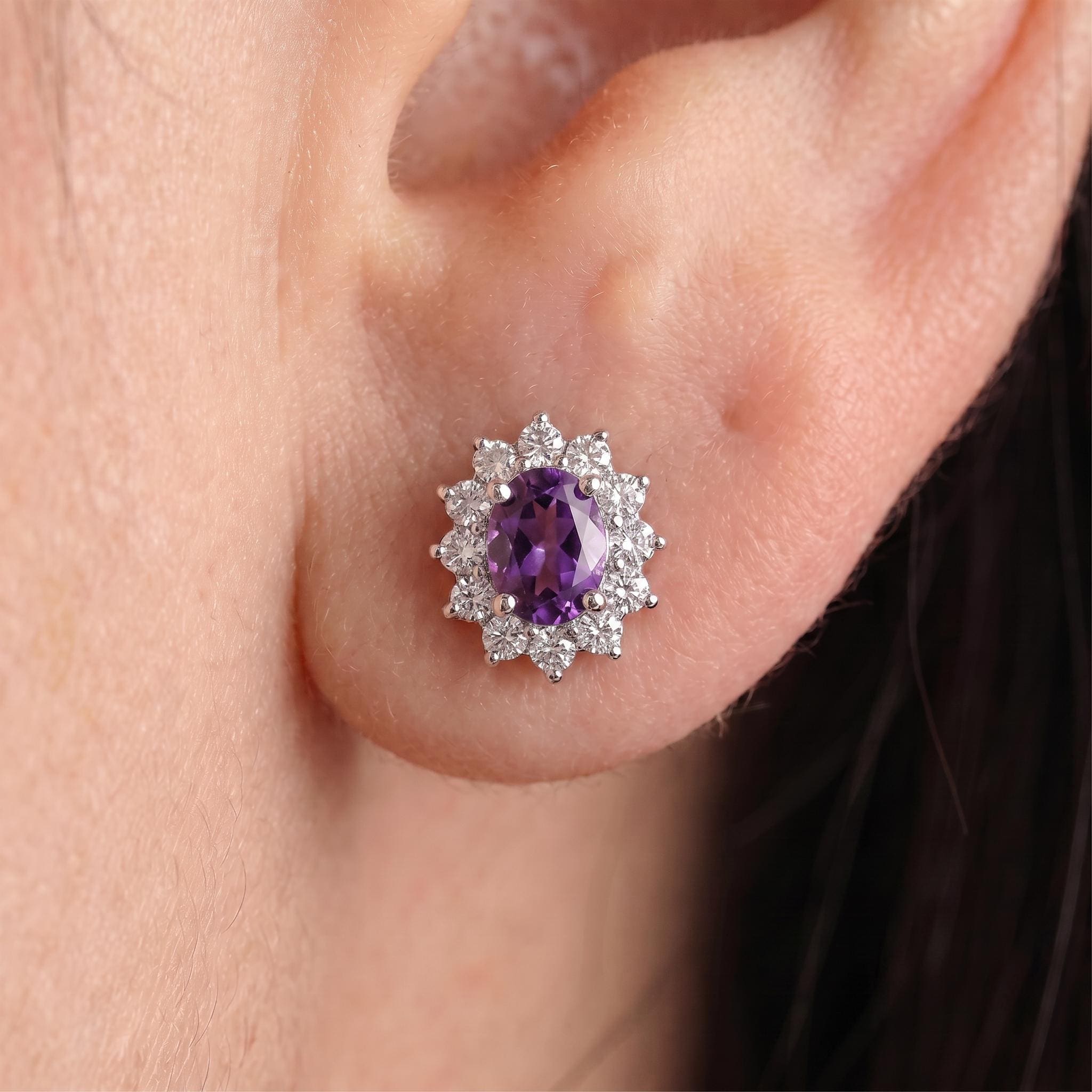 Vibrant Purple Amethyst & Diamond Halo Stud Earrings | Oval Gemstone 14K White Gold Classic Statement Jewelry | Elegant Gift for Her