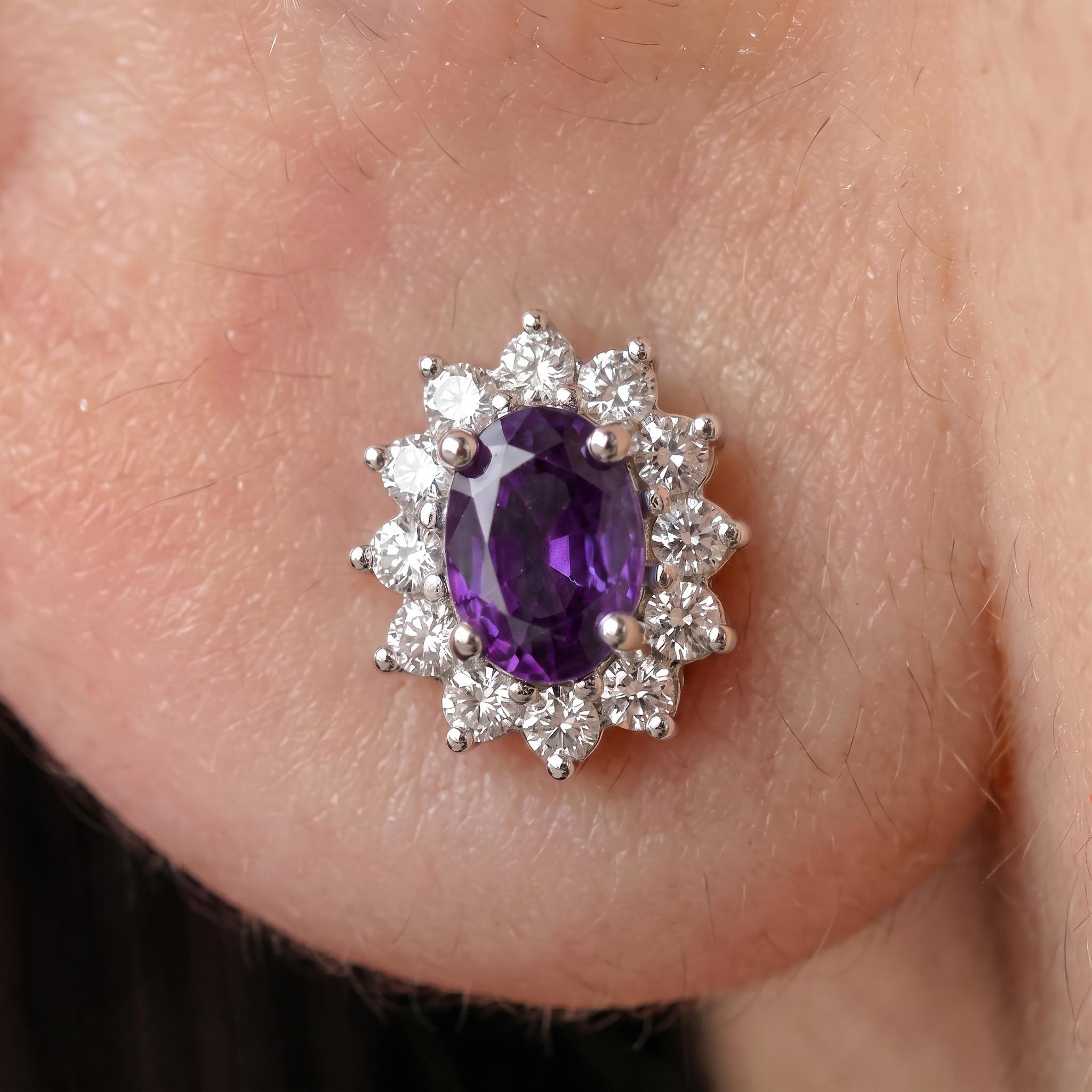 Vibrant Purple Amethyst & Diamond Halo Stud Earrings | Oval Gemstone 14K White Gold Classic Statement Jewelry | Elegant Gift for Her